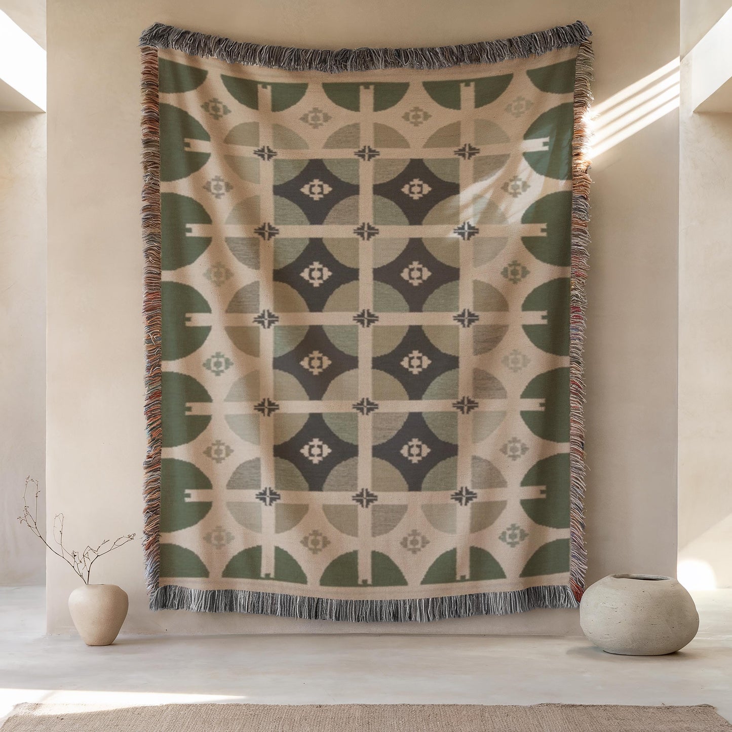 Modern Throw Blanket Set - Mid Century Bedding With Woven Cotton Throw & Sage Green Pillow