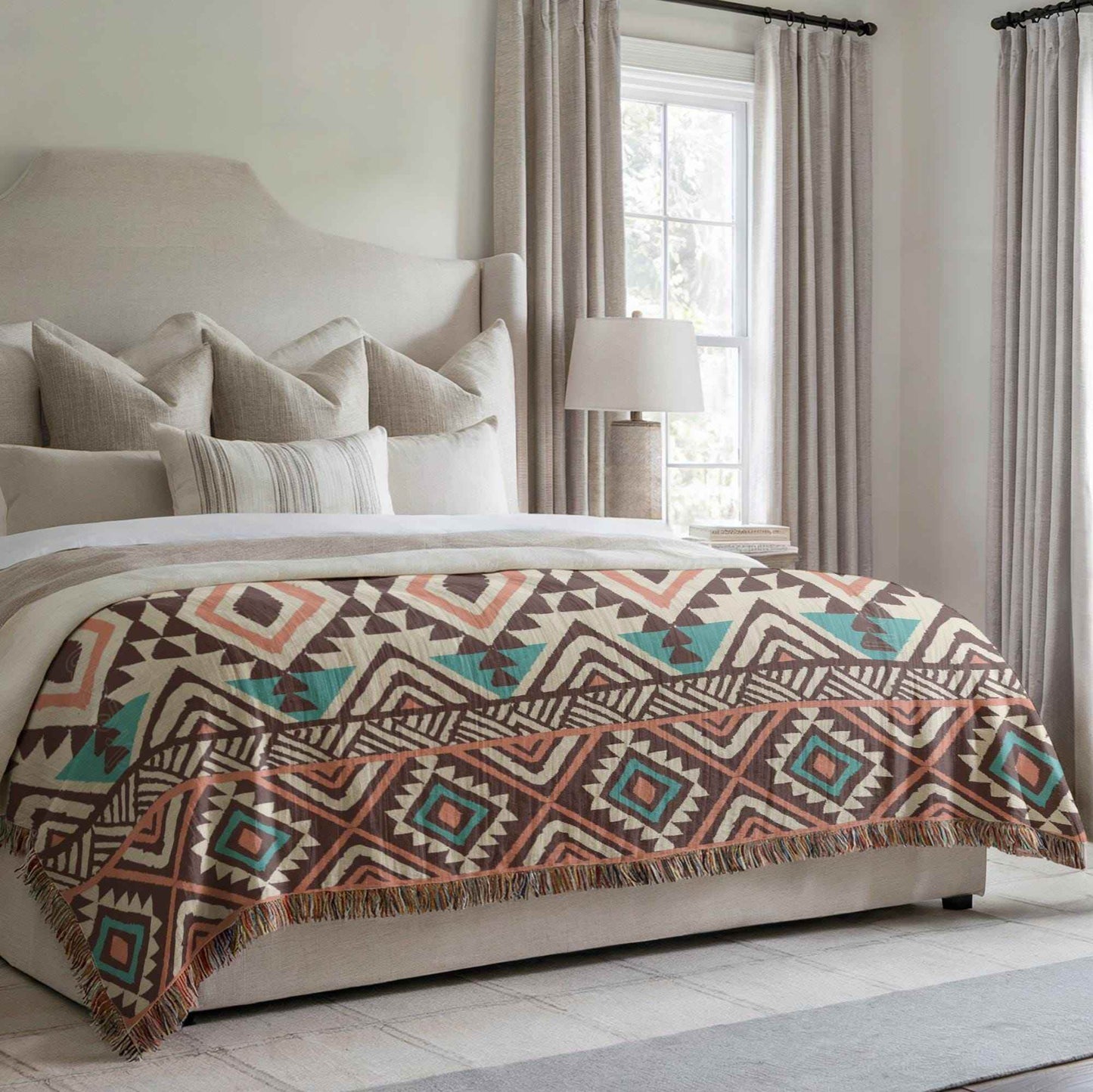 Tribal Patterned Throw Blanket – Woven Cotton Navajo Style, Soft Warm Coverlet - timelessbohochic.com