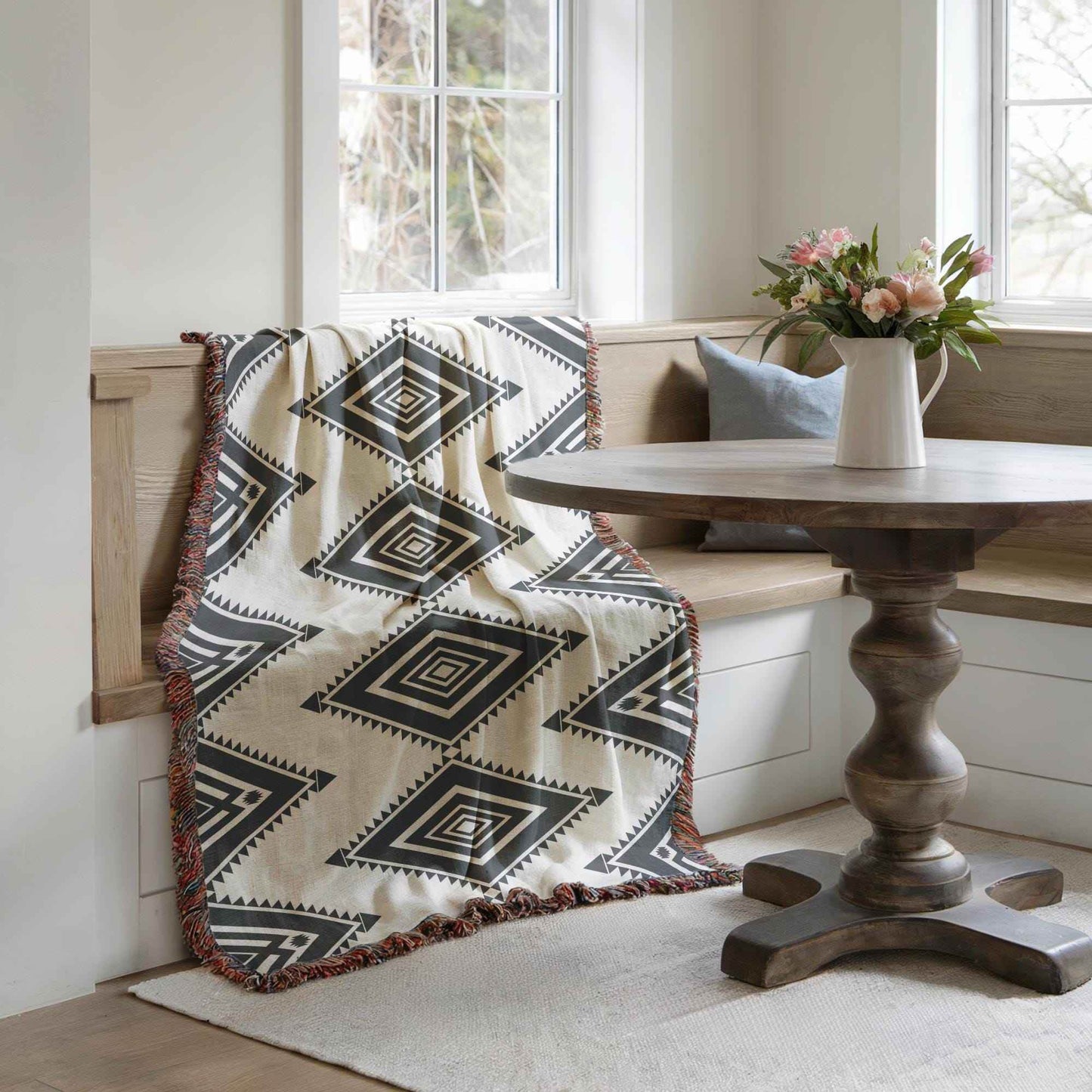 Cotton Southwestern Throw Blanket with Tribal Pattern and Fringed Edges - timelessbohochic.com