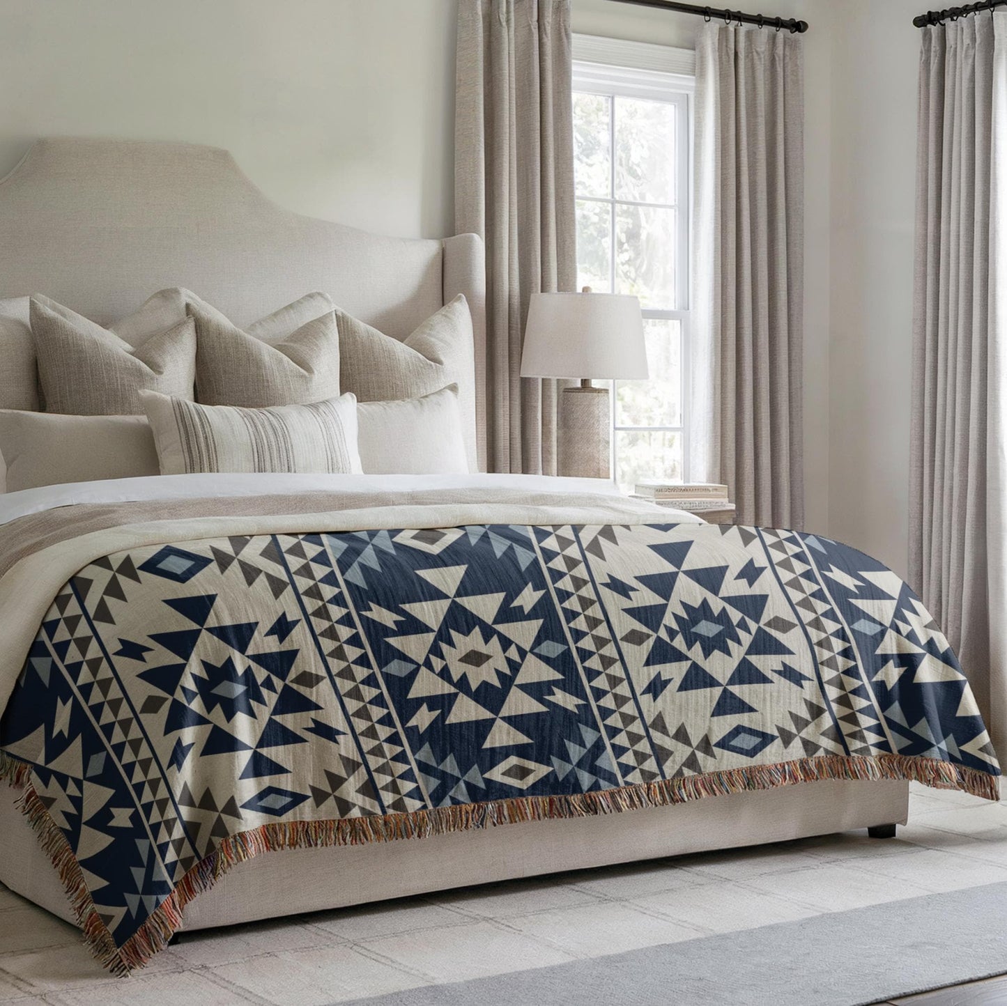 Native American Blanket – Tribal Pattern Cotton Throw With Colorful Fringed Edges