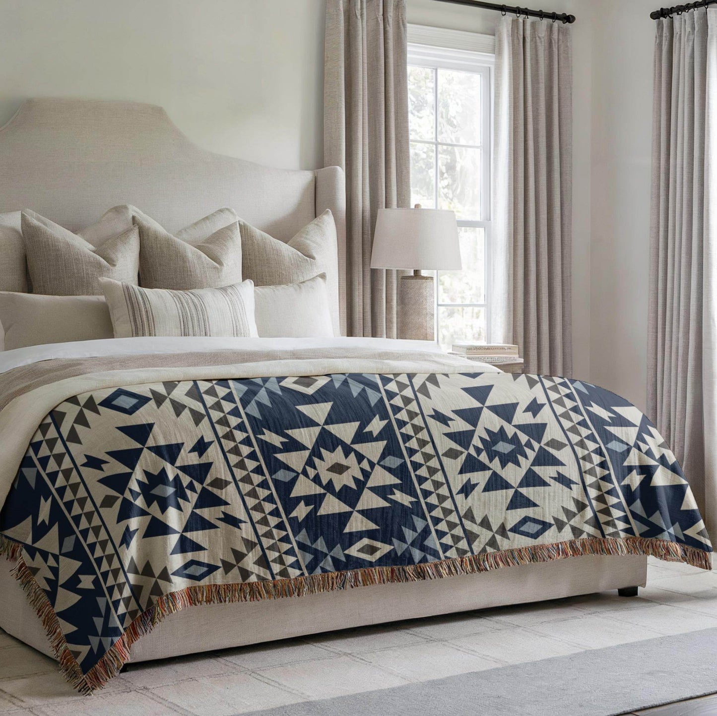 Native American Blanket – Tribal Pattern Cotton Throw With Colorful Fringed Edges - timelessbohochic.com
