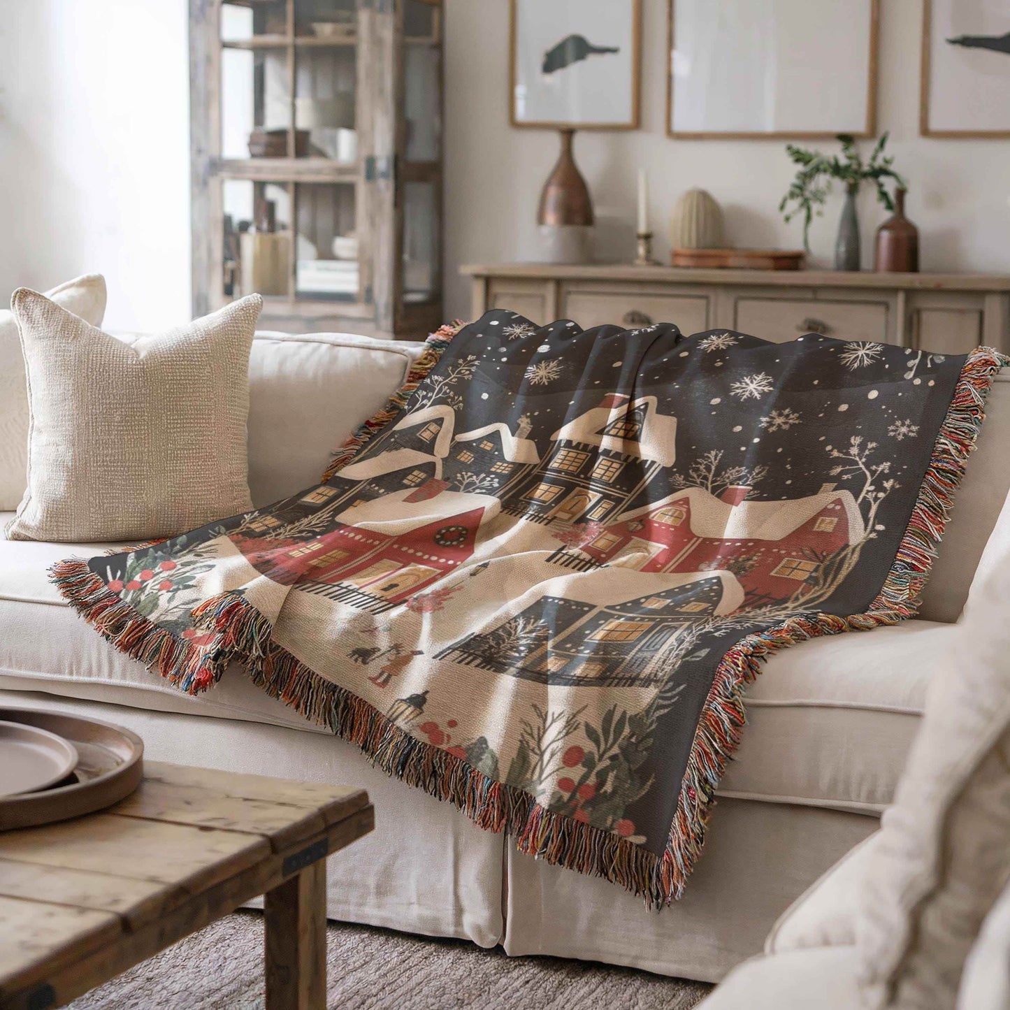 Holiday Bed Blanket - Woven Cotton Throw With Christmas Village Scene, Cozy Winter Folk Art - timelessbohochic.com