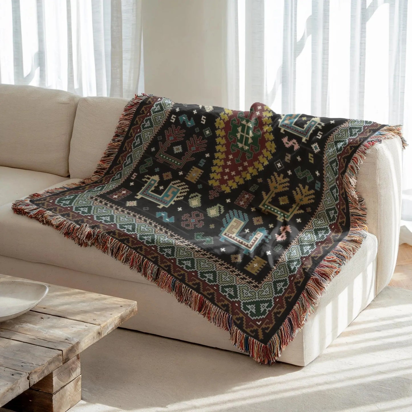 Bohemian Throw Blanket - Woven Cotton Caucasian Rug with Colorful Fringed Edges