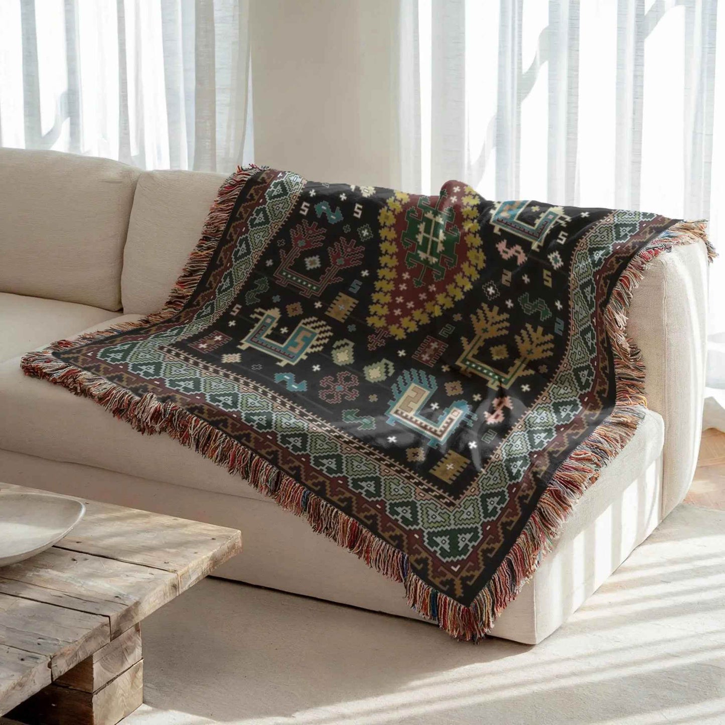 Bohemian Throw Blanket - Woven Cotton Caucasian Rug with Colorful Fringed Edges - timelessbohochic.com