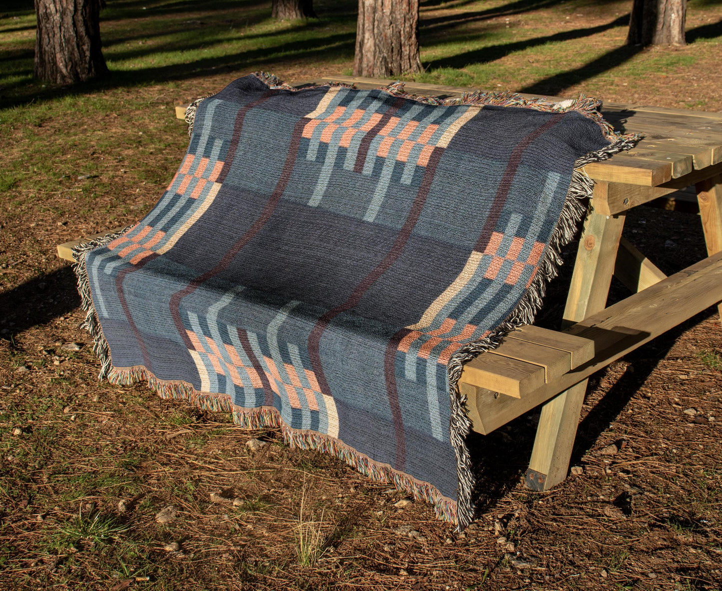 Cotton Woven Throw - Mid Century Modern Patio Picnic Blanket with Colorful Fringed Edges