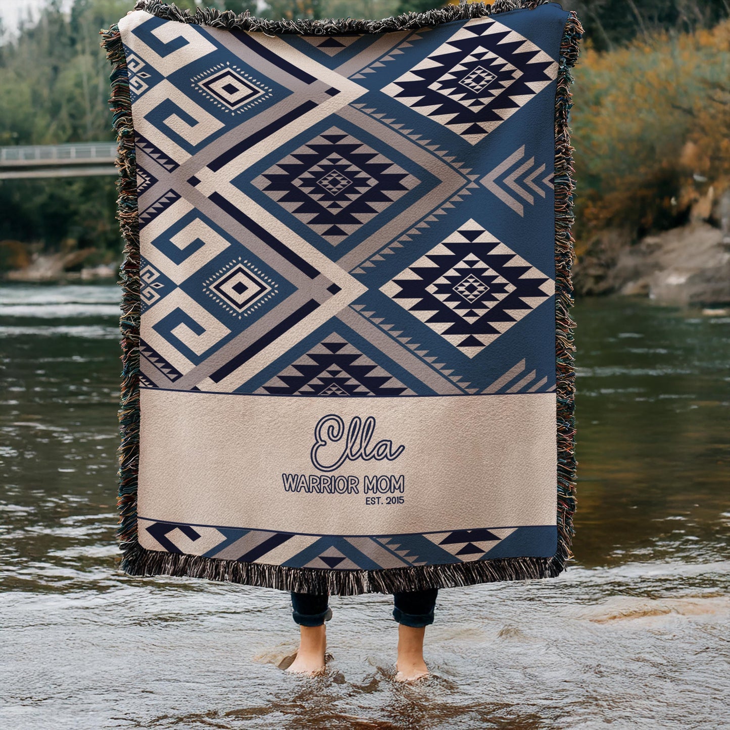 Personalized Wall Hanging - Woven Tapestry With Aztec Pattern Decor & Colorful Fringe Edge