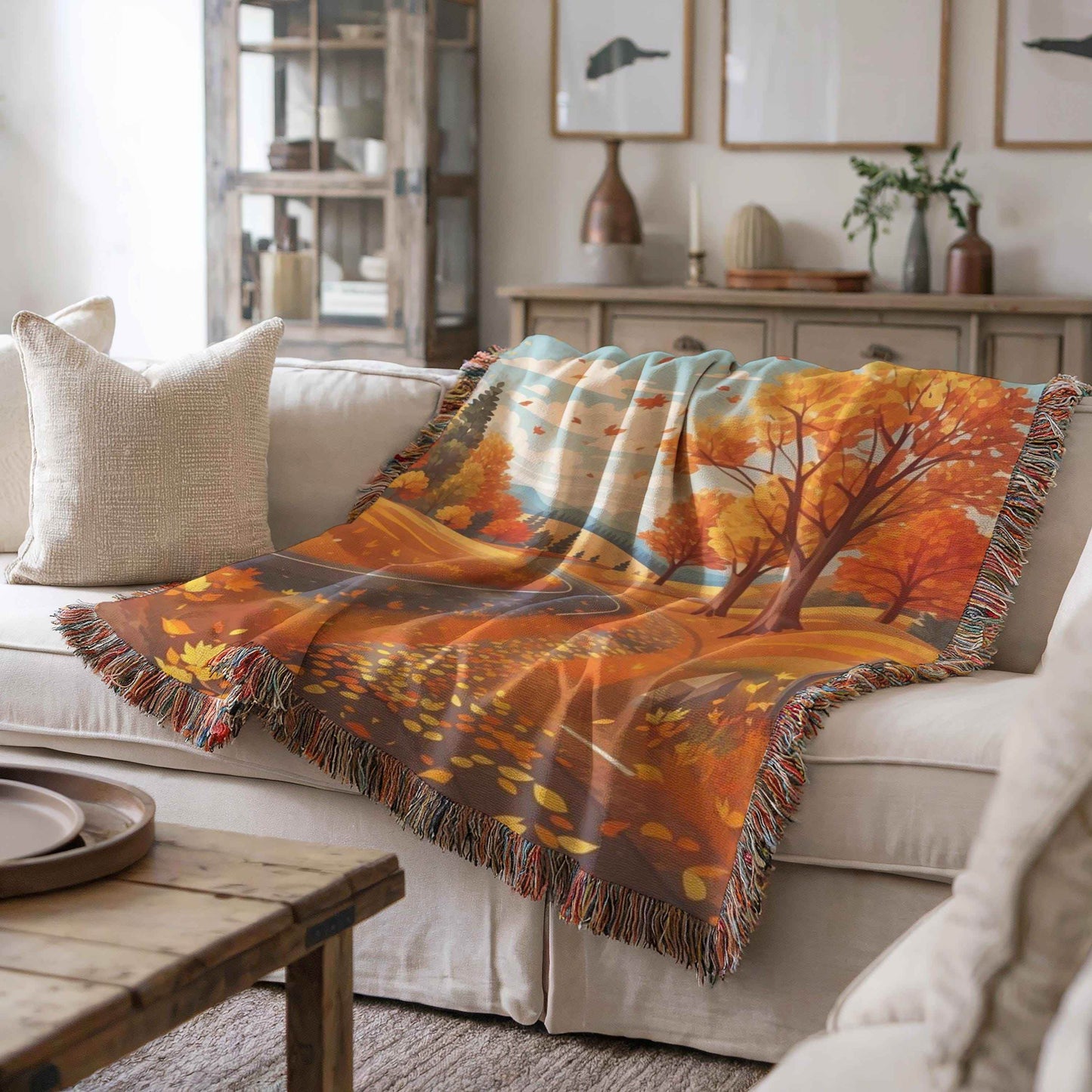 Woven Fall Blanket - Cozy Cotton Throw With Fringed Edge, Autumn Decor - timelessbohochic.com