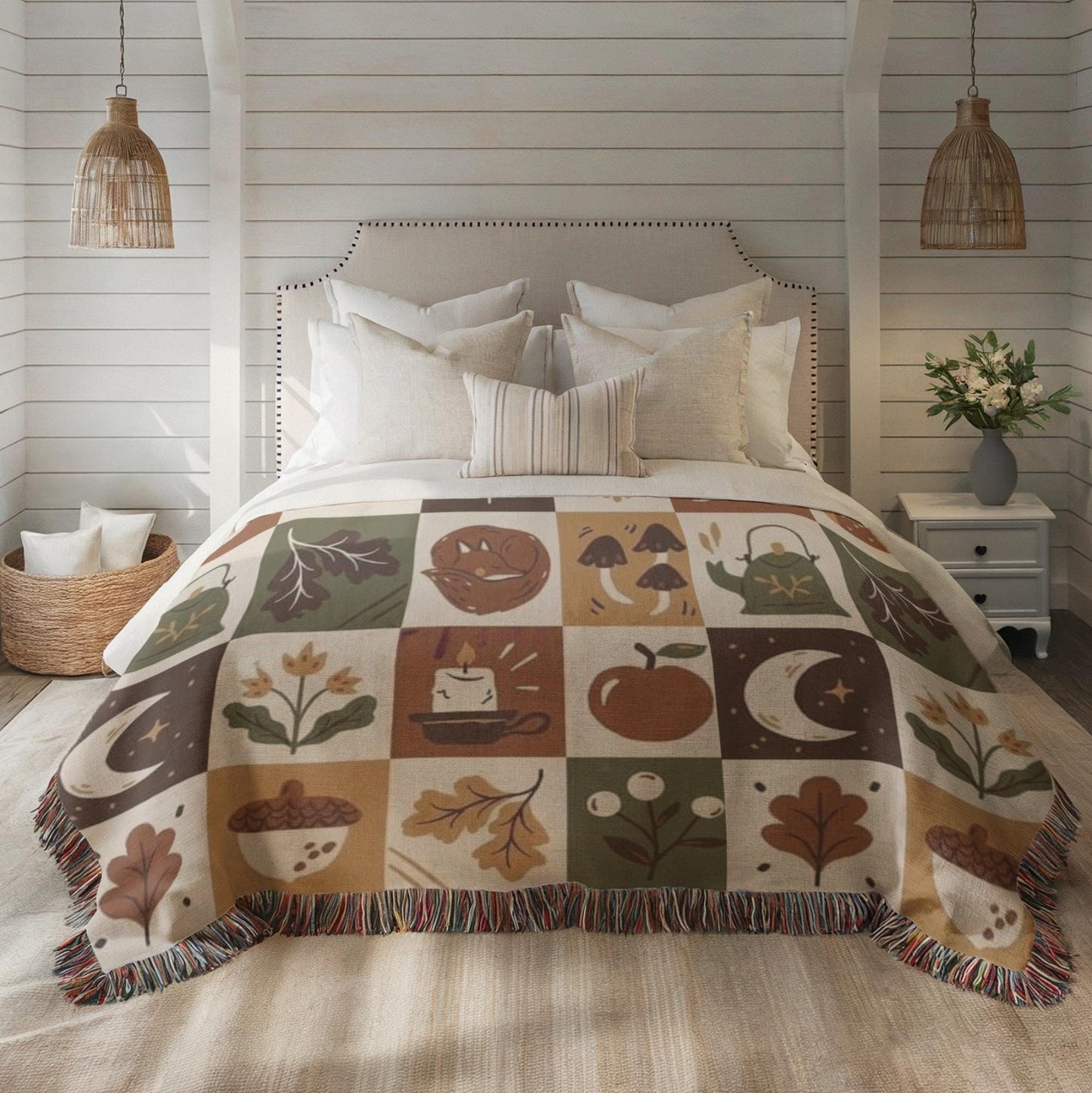 Fall Woven Blanket - Cozy Patchwork Throw with Colorful Fringed Edges, Autumn Bedding Quilt