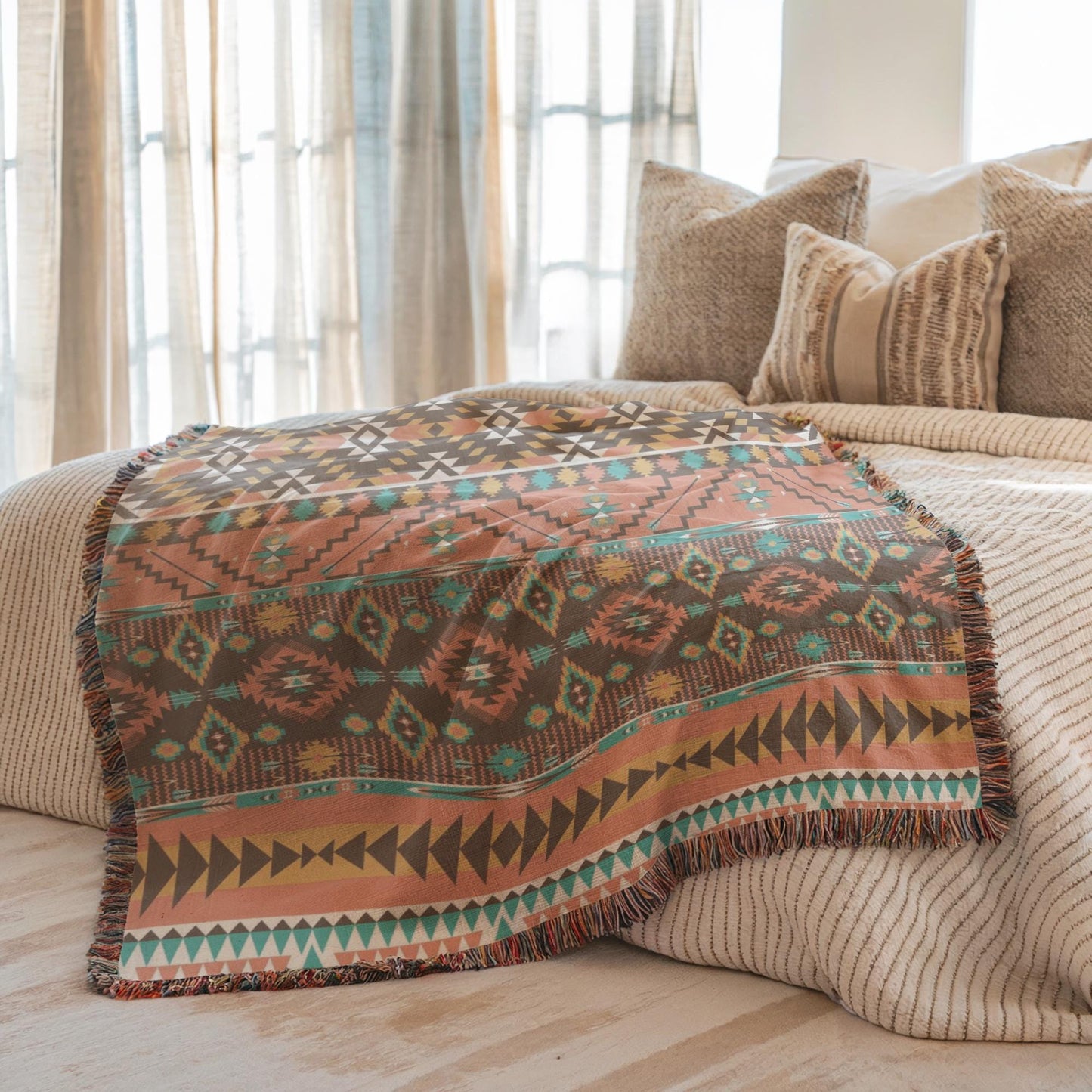 a cozy bedroom scene with a bed covered in a colorful, patterned blanket and pillows. The bed is positioned against a window with curtains, allowing natural light to fill the room. The overall atmosphere appears warm and inviting.