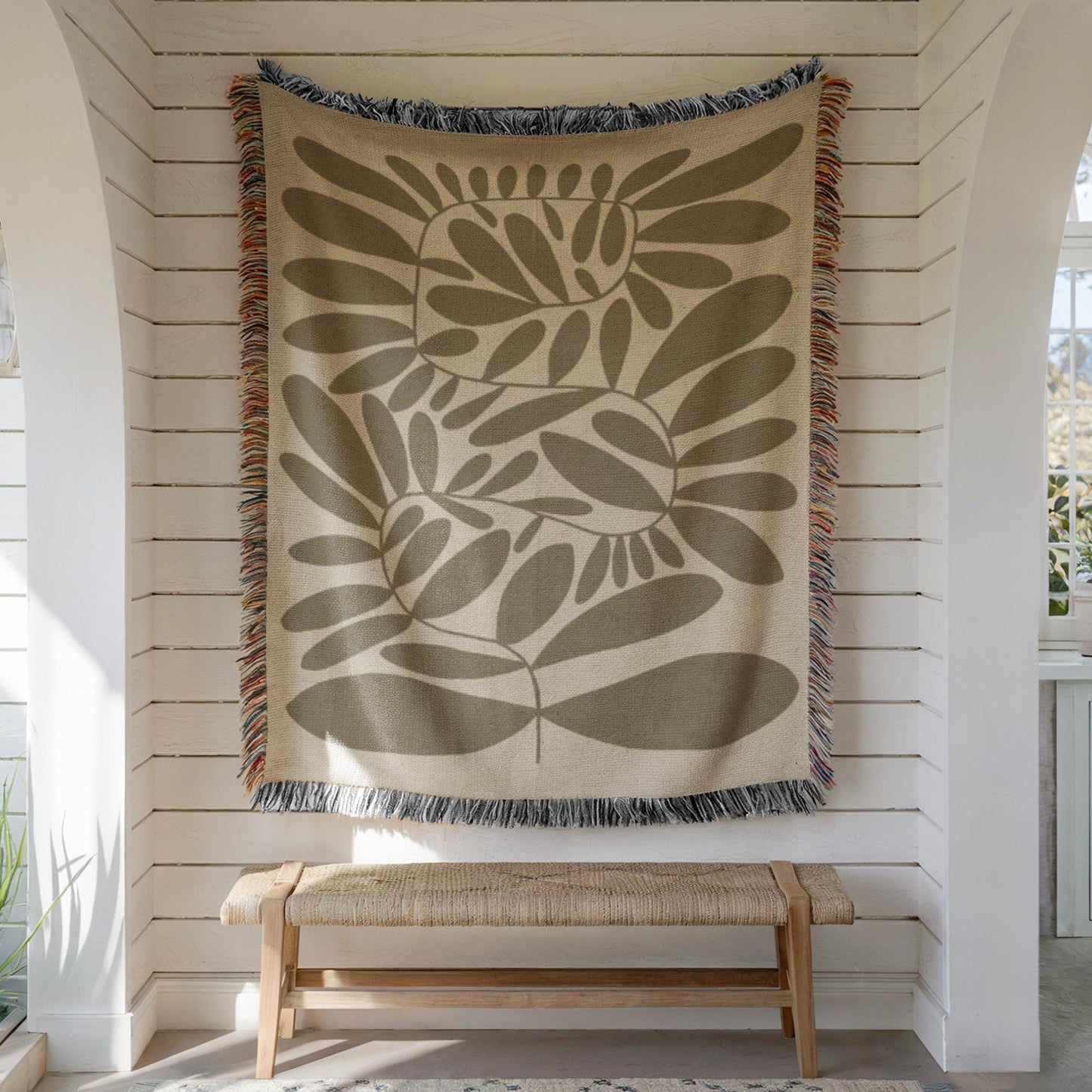 Mid Century Modern Tapestry – Scandi Woven Wall Hanging With Leaves Pattern