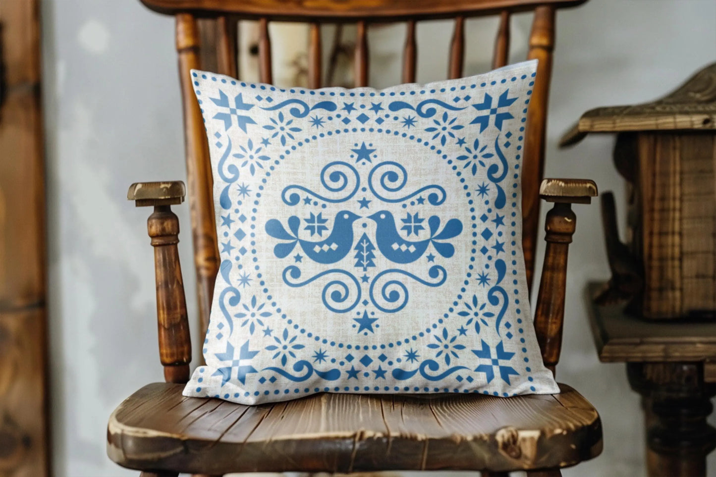 Blue Bird Cushion – Nordic Folk Pillow | Scandi Sofa Cushion | Woven Boho Throw