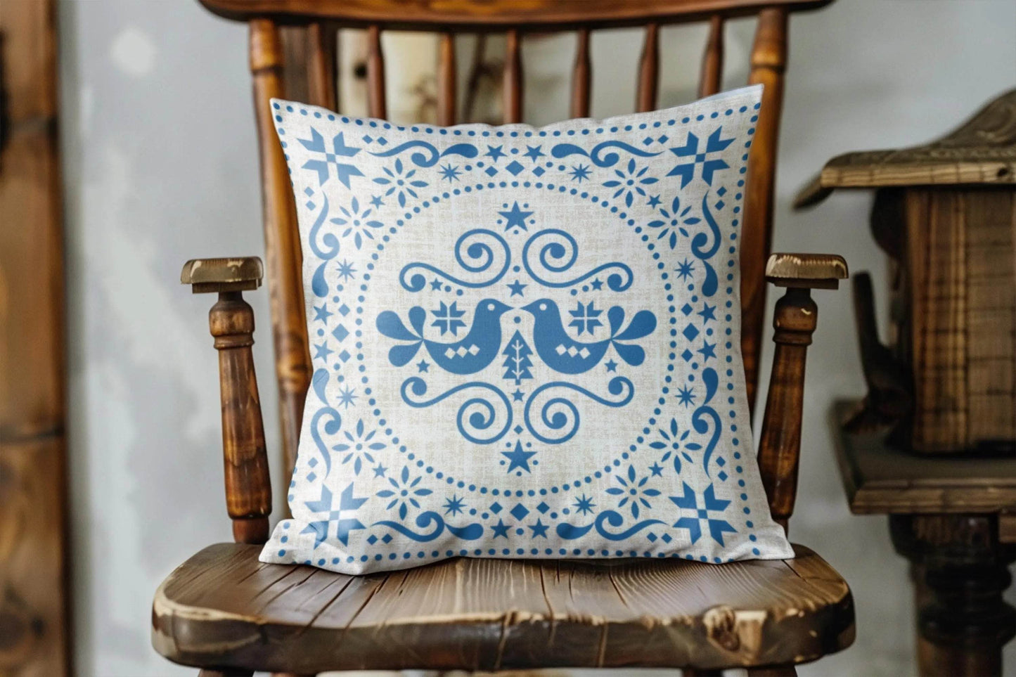 Blue Bird Cushion – Nordic Folk Pillow | Scandi Sofa Cushion | Woven Boho Throw - timelessbohochic.com