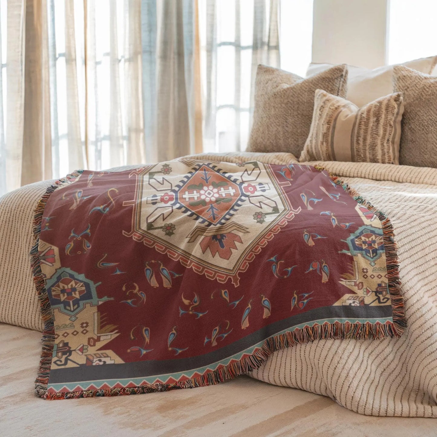Anatolian Throw Blanket – Armenian Alphabet Cotton Woven Throw with Fringed Edge