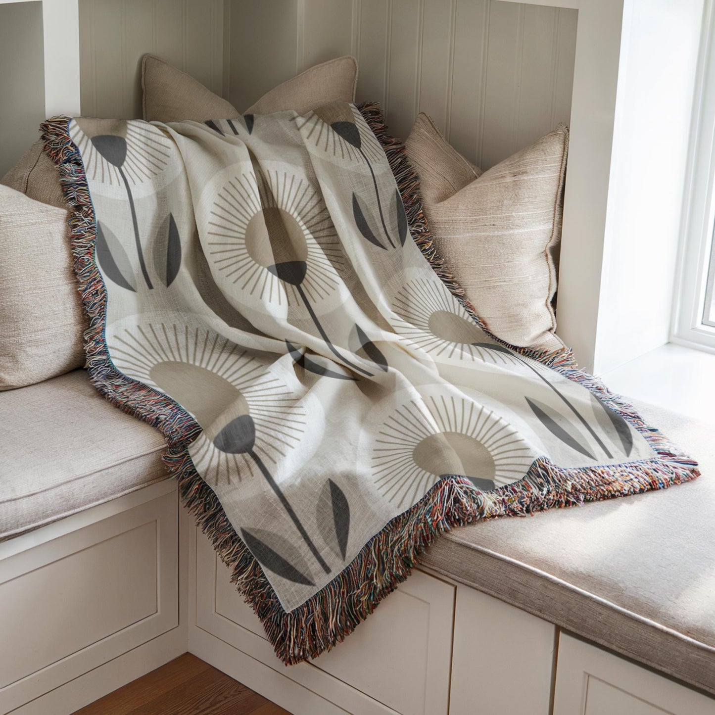 Cotton Woven Blanket - Floral Throw With Textured Fabric & Fringed Edges