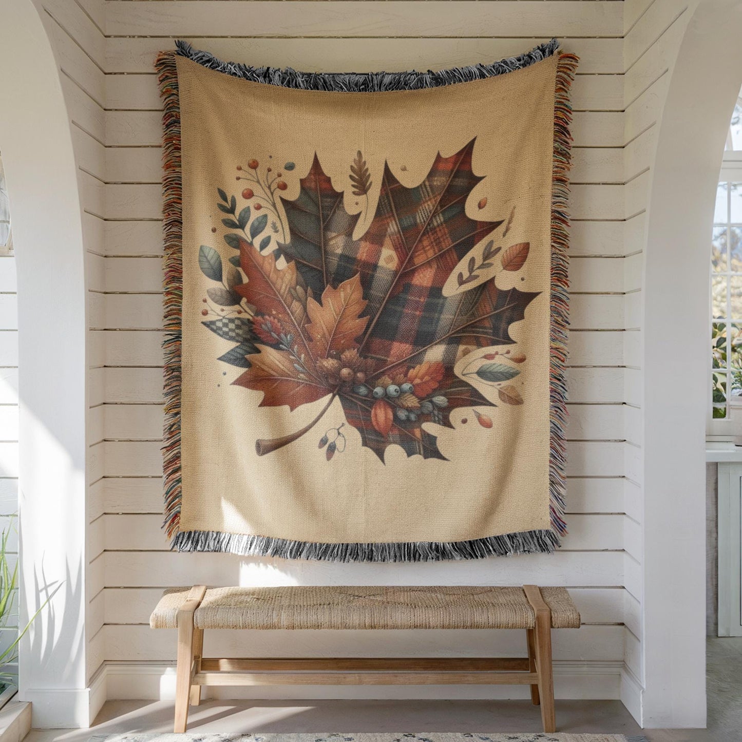 Plaid Fall Blanket – Cozy Cotton Throw with Tartan Leaf Pattern & Fringed Edges