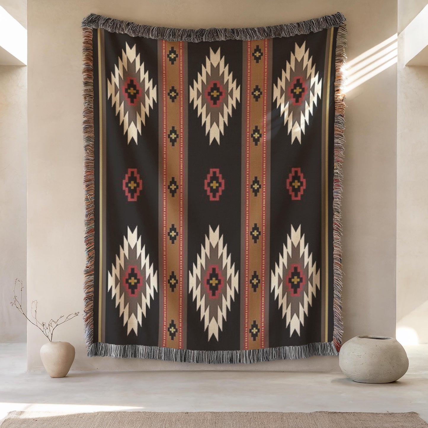 a large, colorful, and intricately patterned rug hanging on a wall, with a beige vase and a small plant placed in front of it.