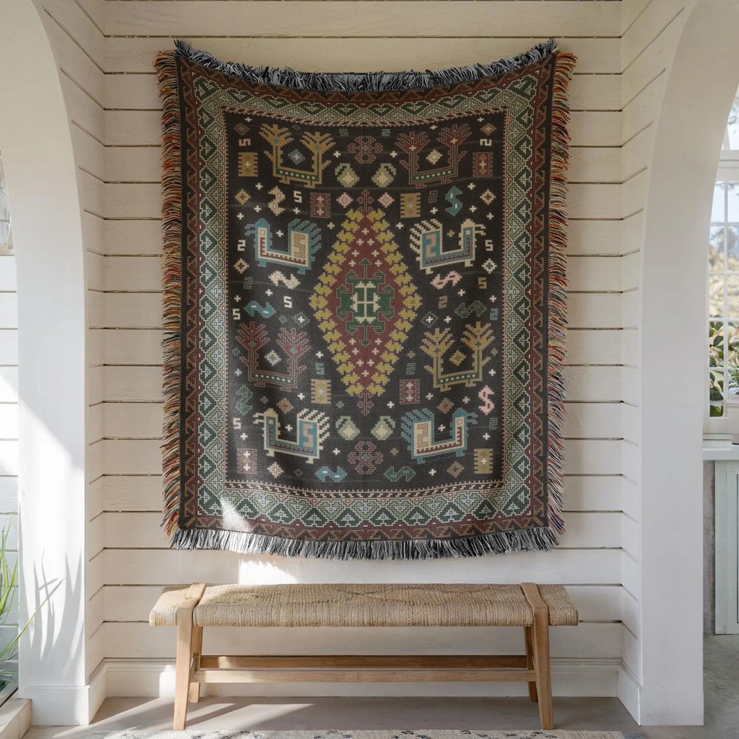 Caucasian Rug Wall Hanging – Ethnic Boho Wall Art | Soft Cotton Blanket Throw