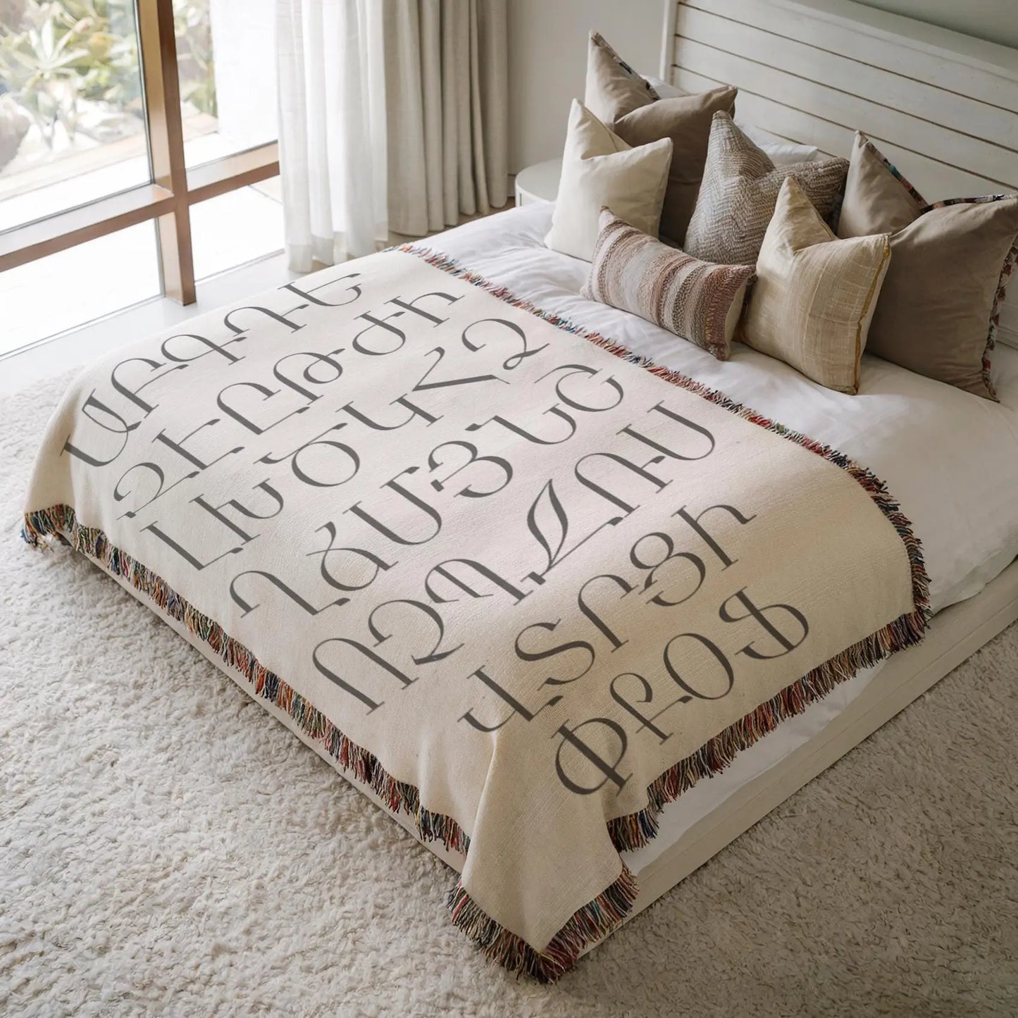 Armenian Cotton Blanket Set – Woven Throw Pillow With Hayeren Alphabet Coverlet