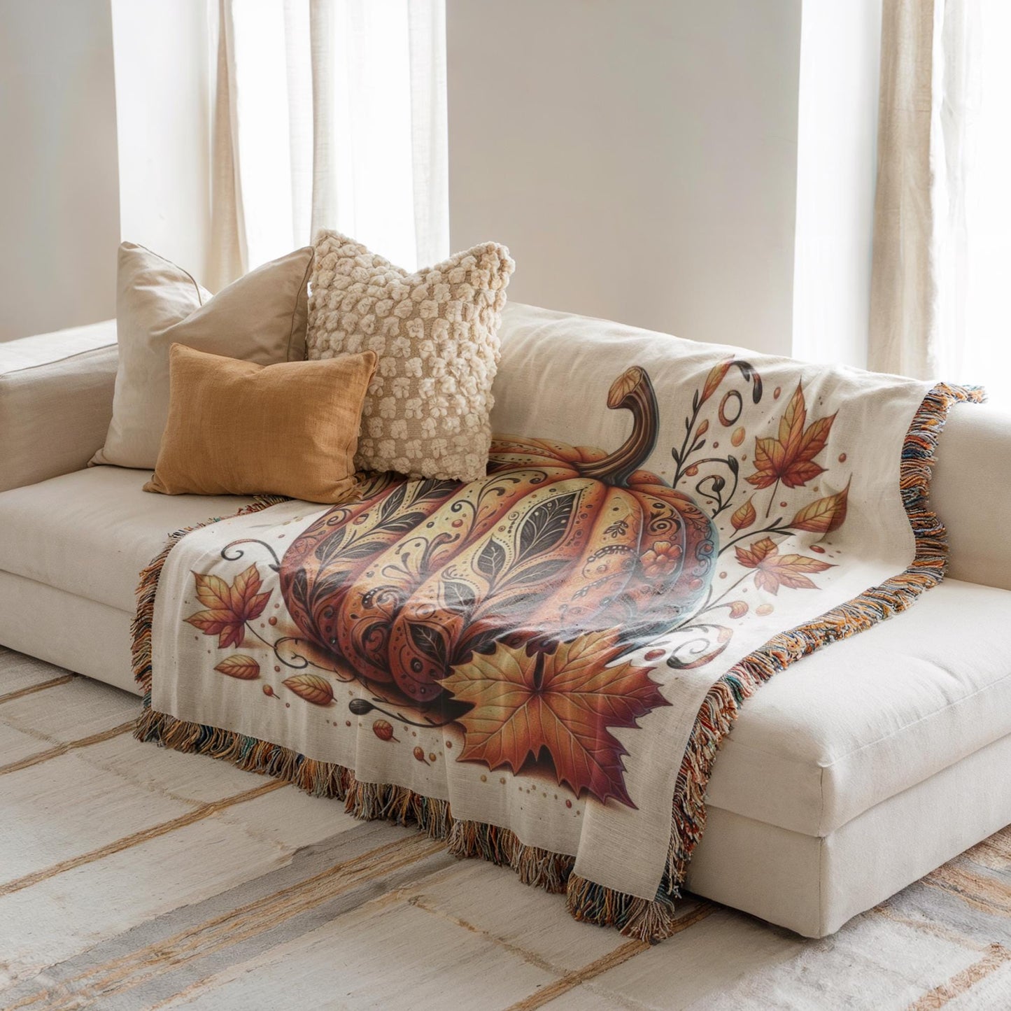 Thanksgiving Woven Blanket – Cozy Throw Blanket with Tattooed Pumpkin Design, Fringed Edge