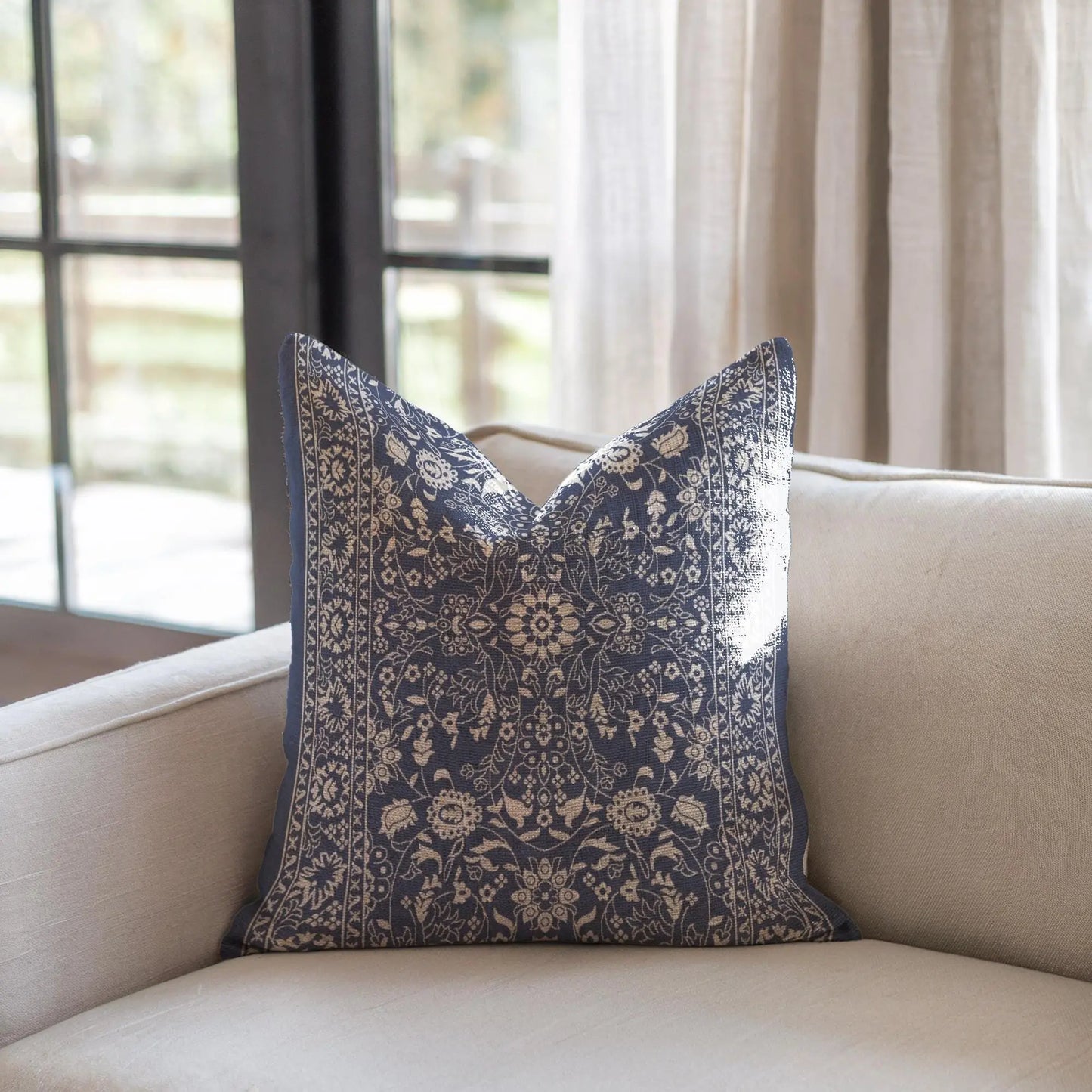 Persian Rug Pillow - Woven Throw Pillow With Floral Blue Pattern | Boho Accent Cushion