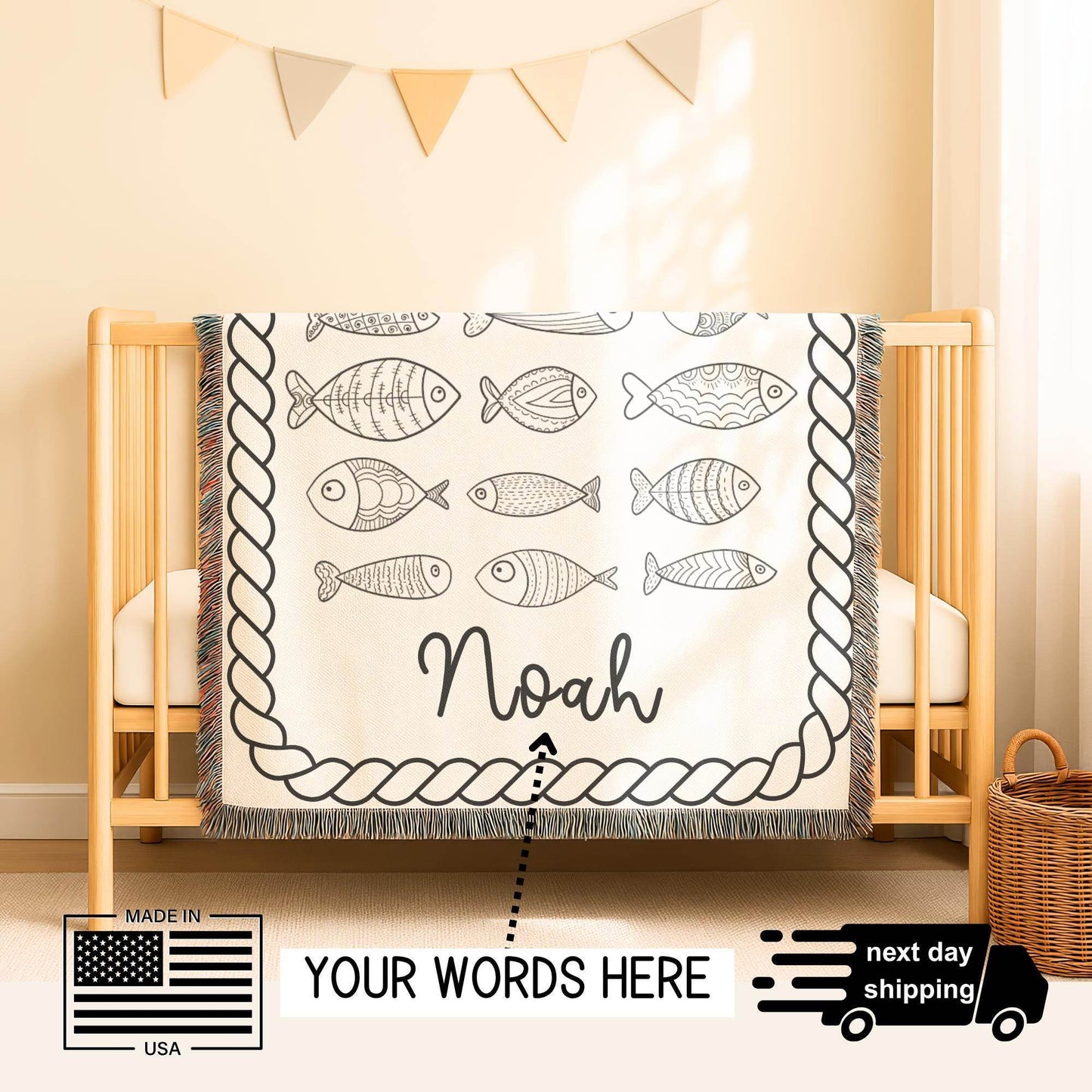 Personalized Baby Blanket – Custom Name Cotton Nursery Decor in Ocean Theme - timelessbohochic.com