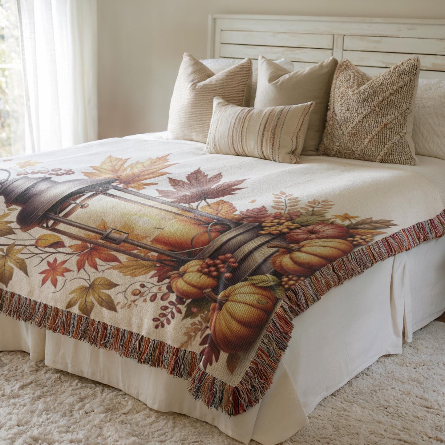Fall Throw Blanket – Cozy Bedroom Throw with Pumpkin Decor & Lantern Autumn Design