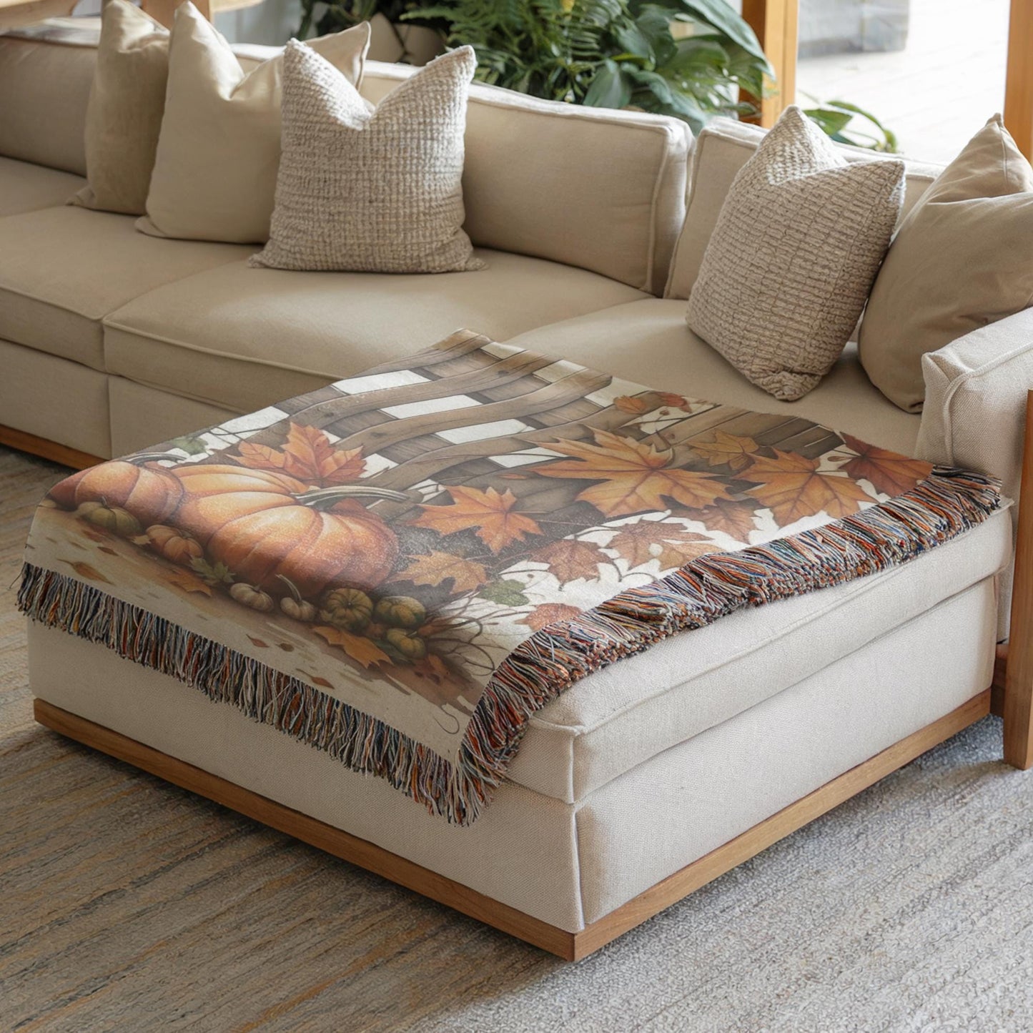 Thanksgiving Couch Blanket, Fall Leaves Sofa Throw, Harvest Season Cover, Cotton Woven Throw, Warm Farmhouse Decor, Thanksgiving Gift Idea
