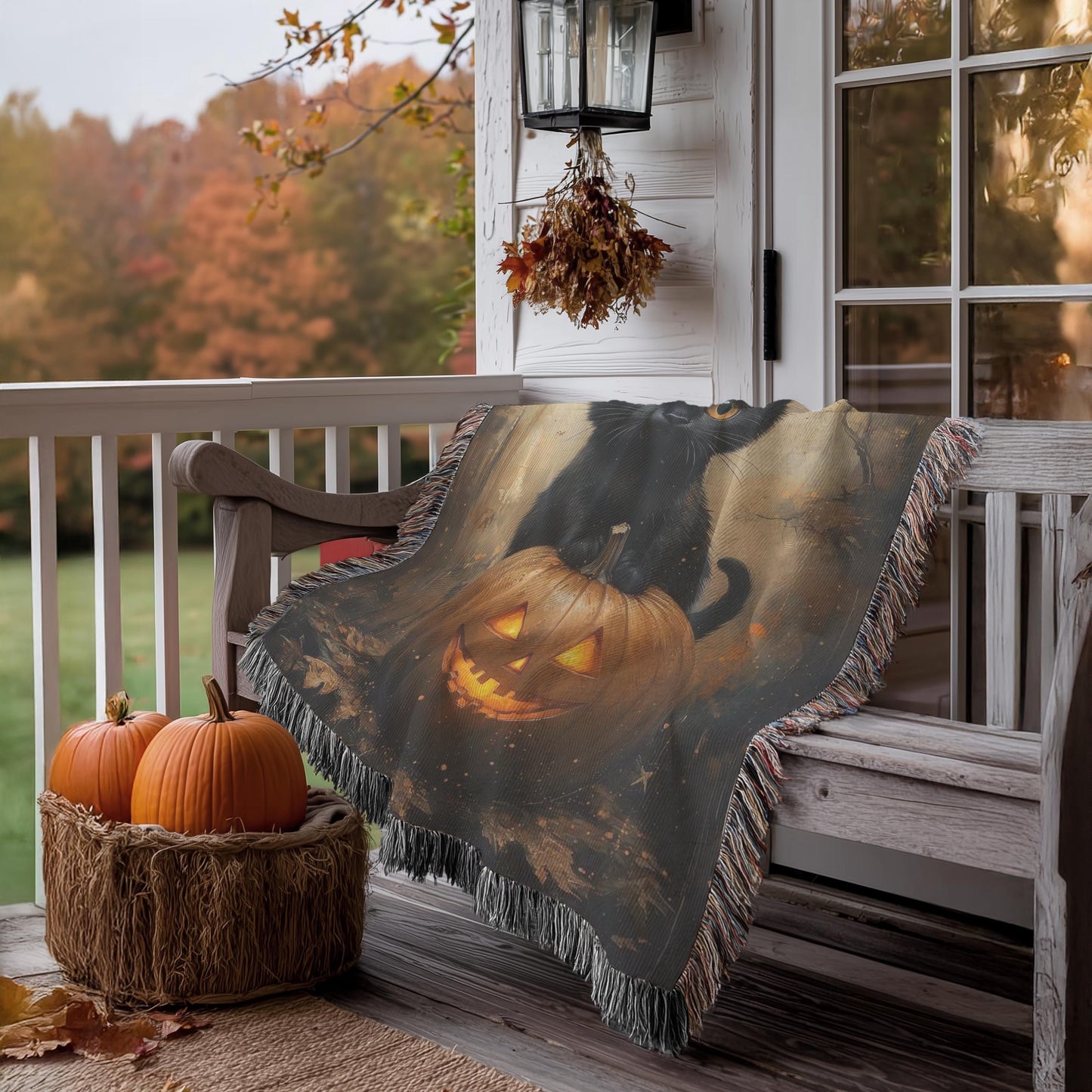 Halloween Woven Blanket - Black Cat Pumpkin Throw With Fringed Edge Cozy Decor