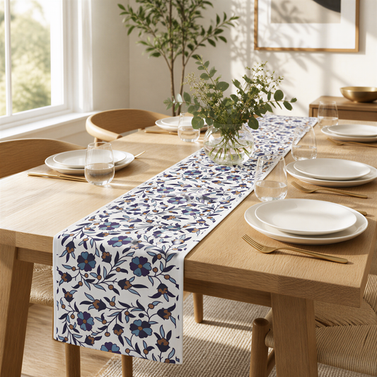 White Armenian Iznik floral table runner on a dining table with wooden chairs and a bowl of fruit