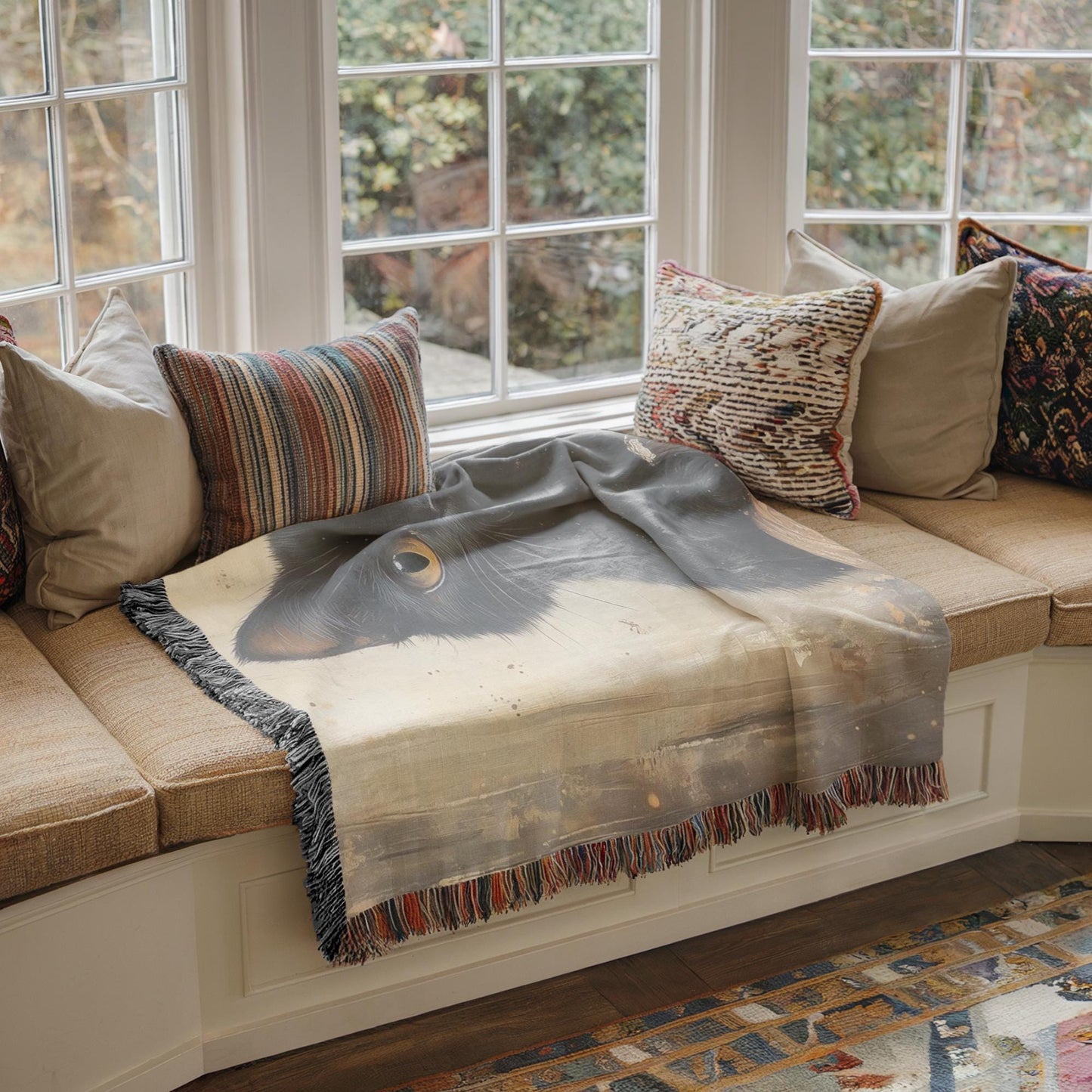 Halloween Throw Blanket – Woven Cotton Cozy Fall Blanket with Black Cat Pumpkin Design