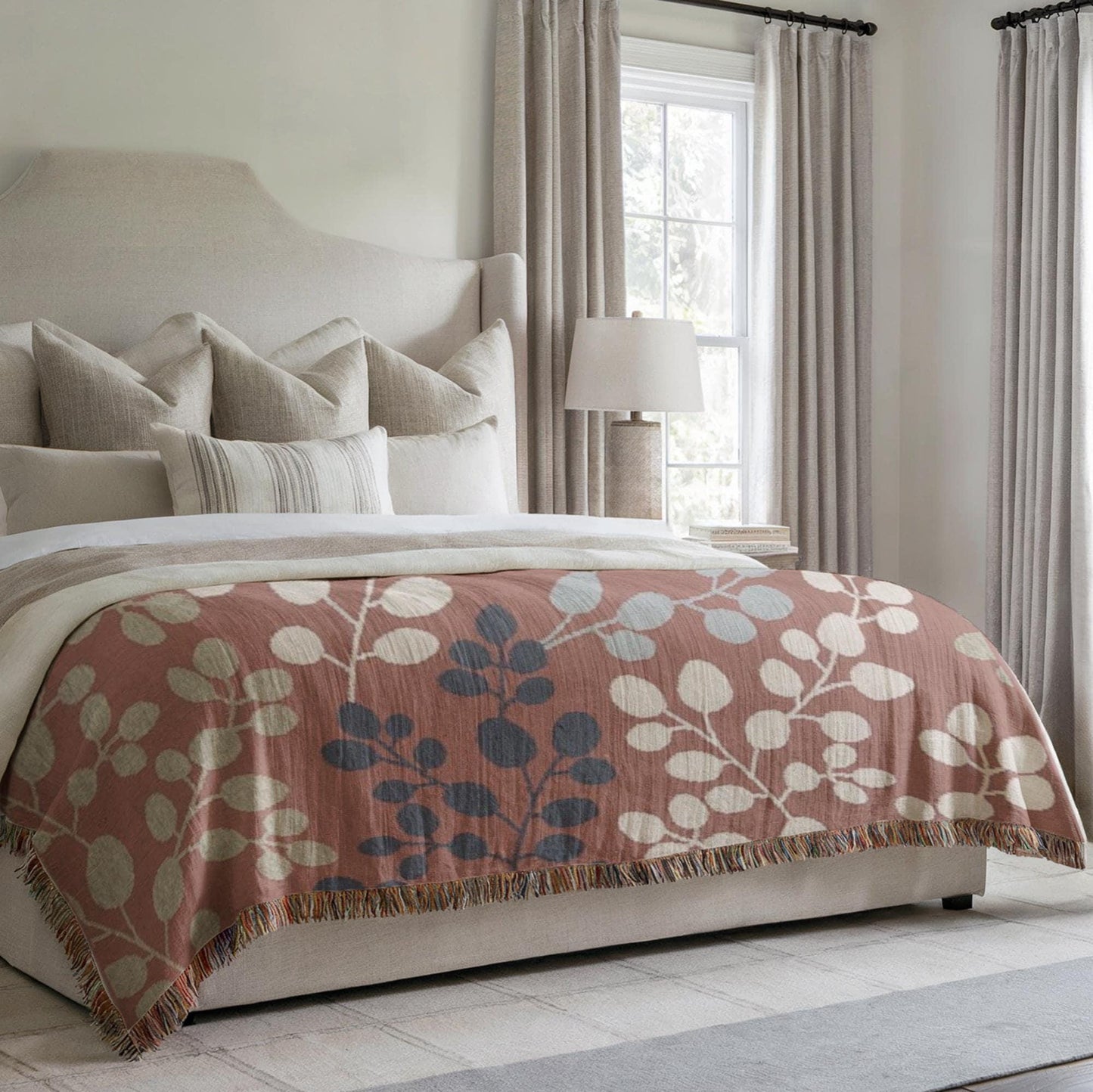 Woven Floral Blanket - Japanese Style Throw With Fringed Edges | Minimalist Home Decor