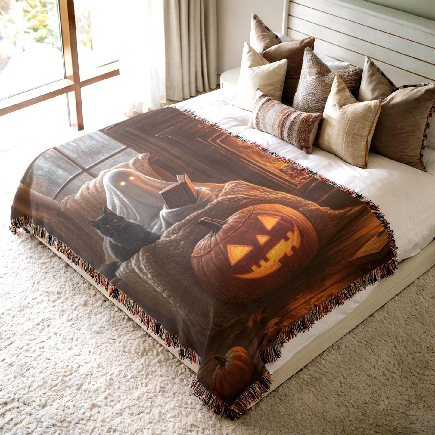 Ghost Cotton Woven Blanket - Cozy Throw with Black Cat Pumpkin Design - timelessbohochic.com