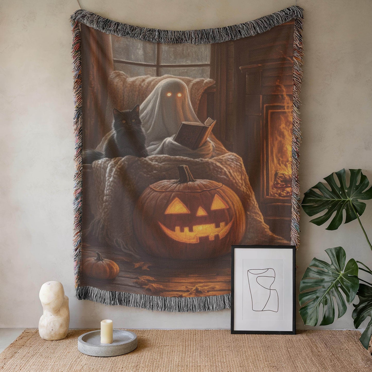 Halloween Wall Decor - Cozy Ghost Wall Hanging With Black Cat Pumpkin Art - timelessbohochic.com