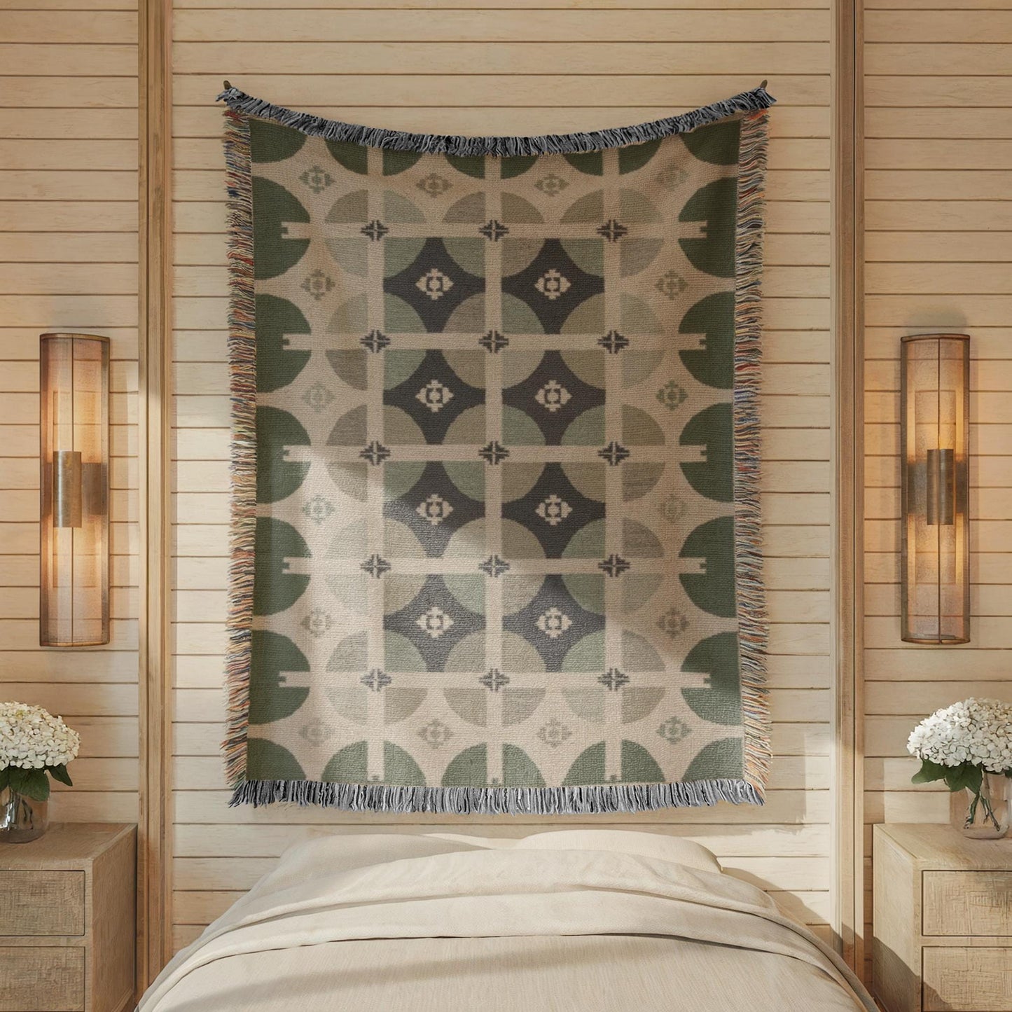 Woven Tapestry Wall Hanging - Mid Century Modern Green Beige Geometric Textile Art