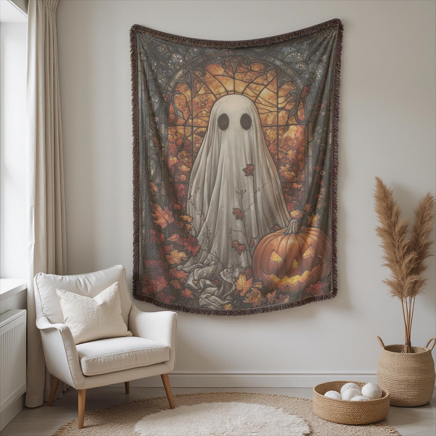 Halloween Ghost Tapestry - Stained Glass Pumpkin Wall Art | Cozy Cotton Throw