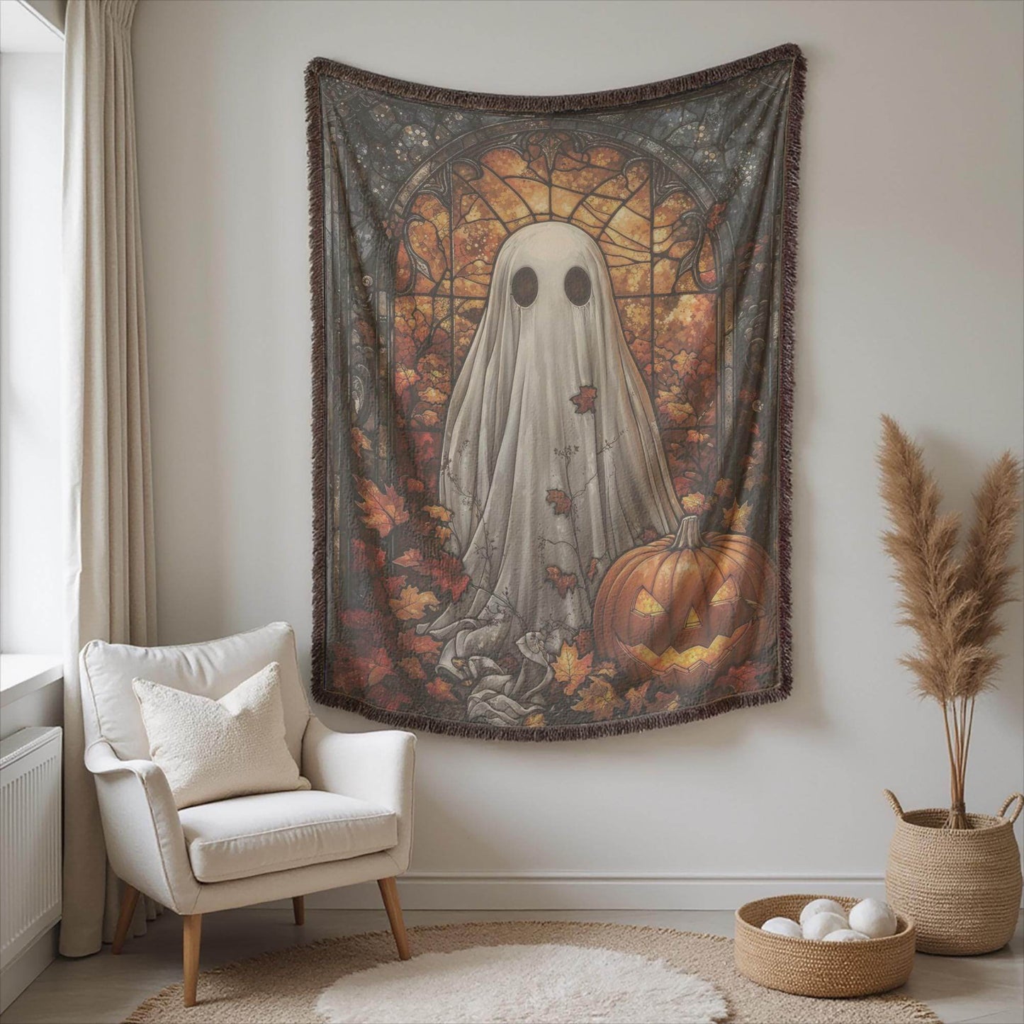Halloween Ghost Tapestry - Stained Glass Pumpkin Wall Art | Cozy Cotton Throw - timelessbohochic.com