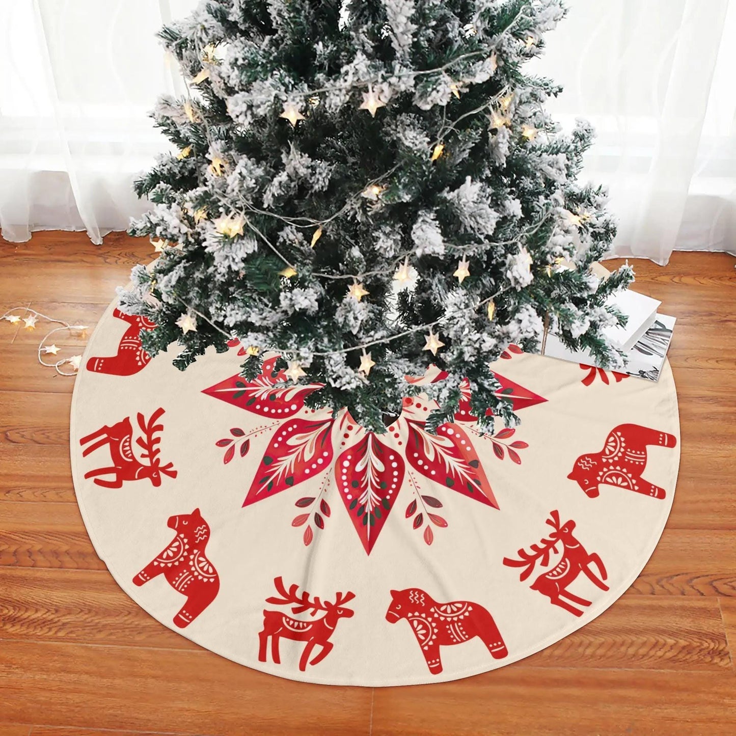 Nordic Christmas Tree Skirt - Scandinavian Holiday Decor With Dala Horse & Reindeer