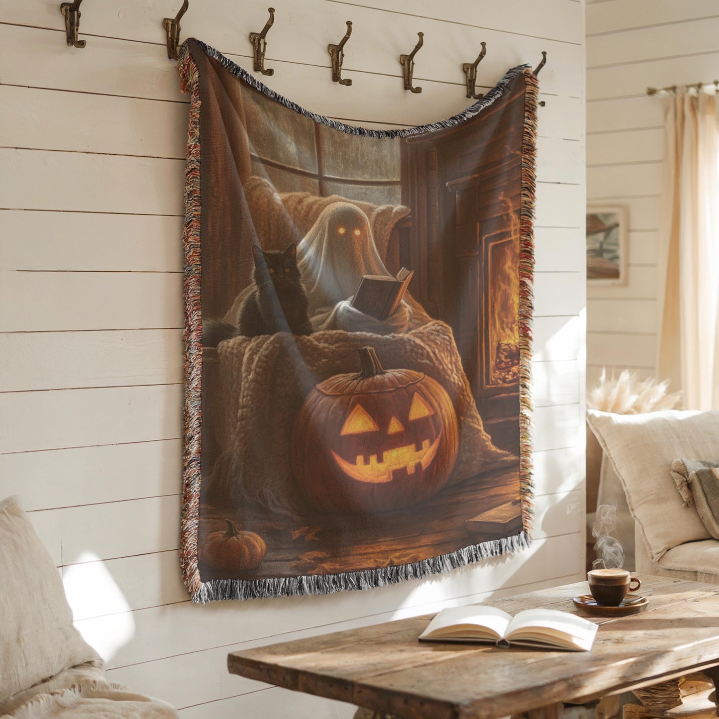 Halloween Wall Decor - Cozy Ghost Wall Hanging With Black Cat Pumpkin Art