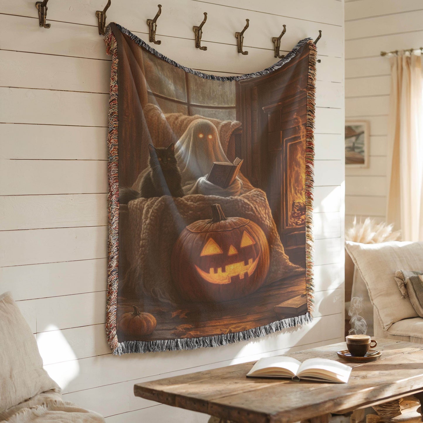 Halloween Wall Decor - Cozy Ghost Wall Hanging With Black Cat Pumpkin Art - timelessbohochic.com
