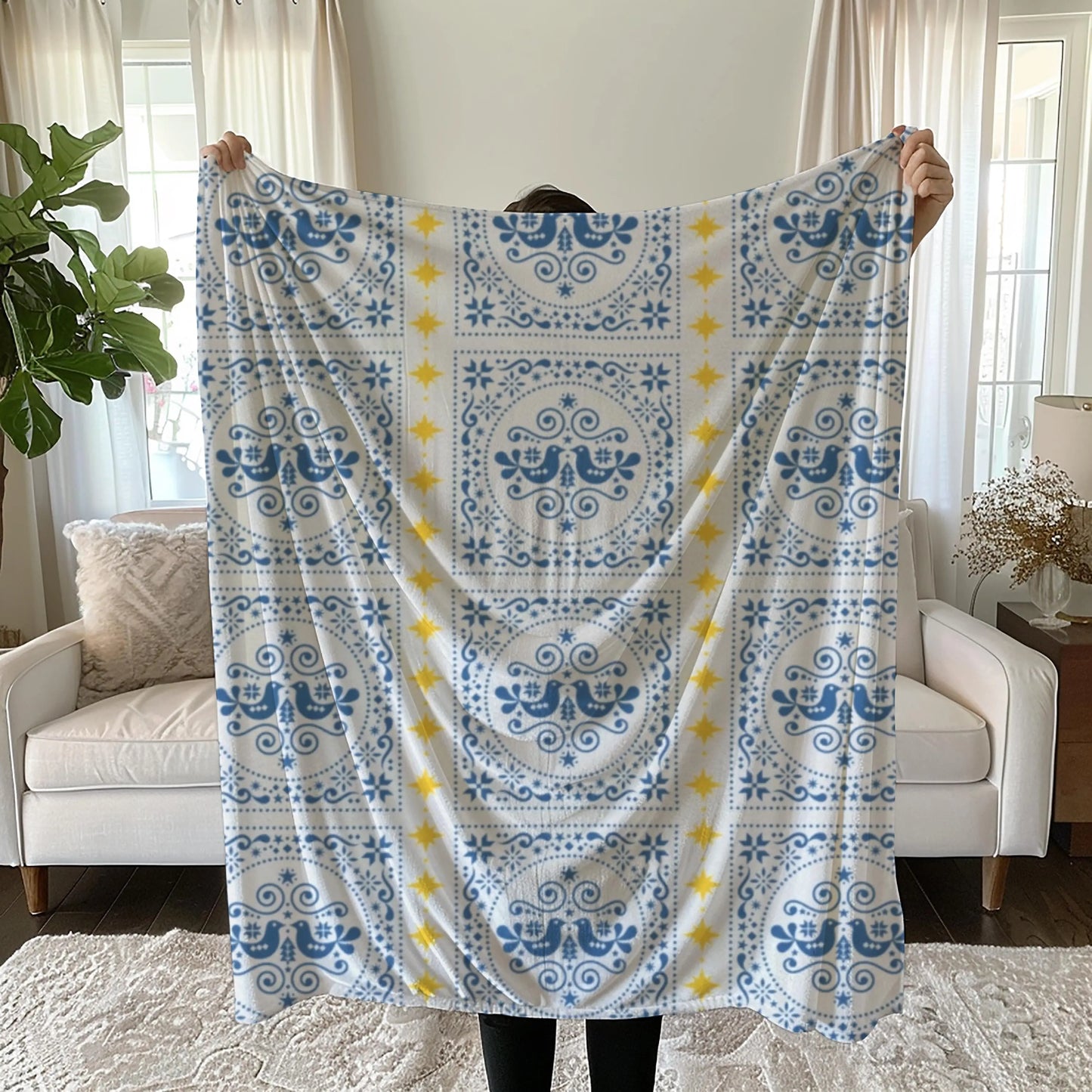 Velveteen Couch Throw – Romantic Soft Blanket with Blue Dove & Star Pattern Bedding