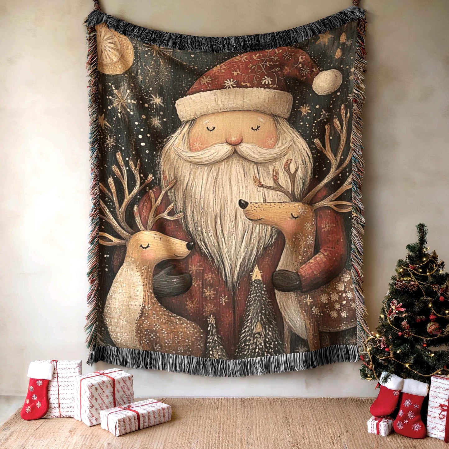 Christmas Woven Blanket – Santa Claus Throw with Fringed Edge, Cozy Holiday Bed Throw - timelessbohochic.com