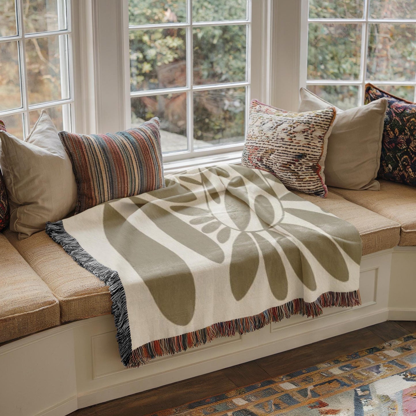 Mid-Century Scandi Blanket – Woven Cotton Throw with Colorful Fringed Edges
