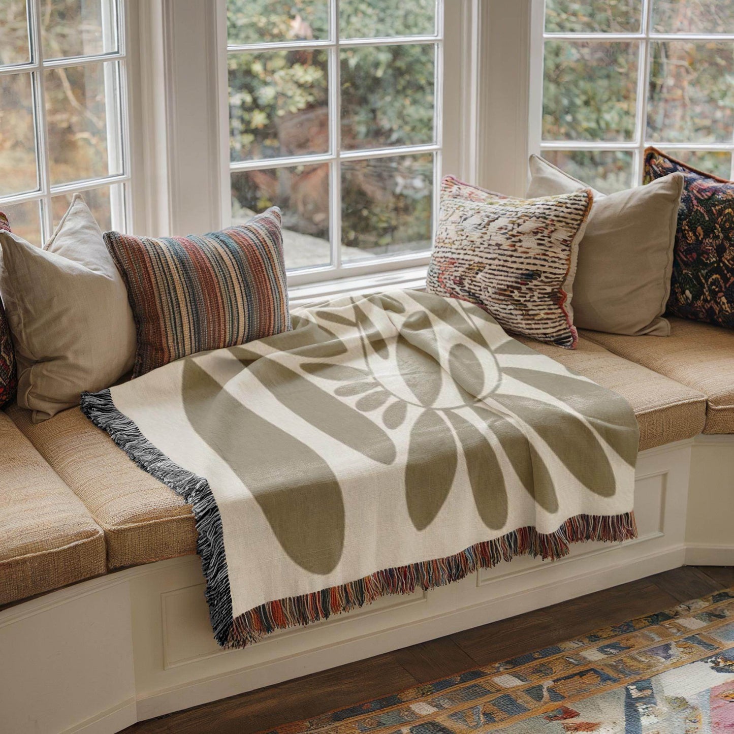 Mid-Century Scandi Blanket – Woven Cotton Throw with Colorful Fringed Edges - timelessbohochic.com