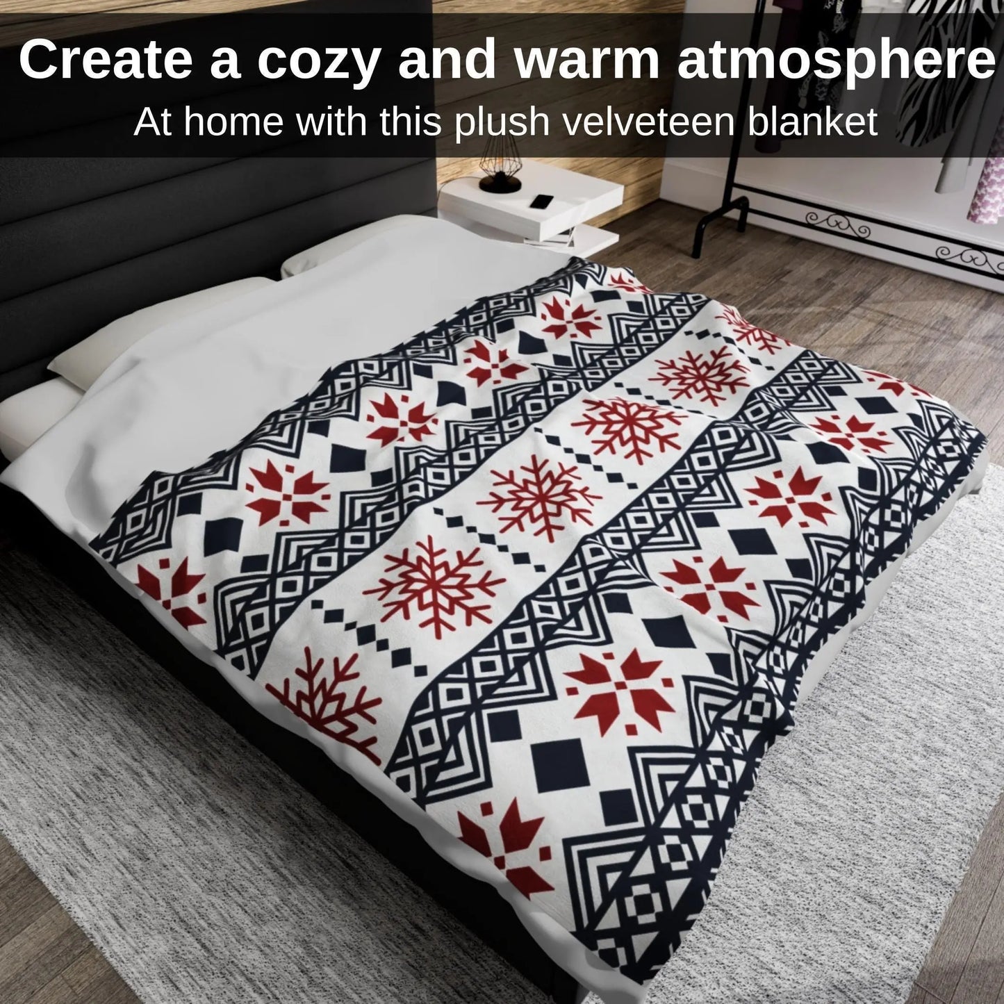 Scandinavian Fleece Throw - Red Black Snowflake Plush Velveteen Blanket Cozy Winter