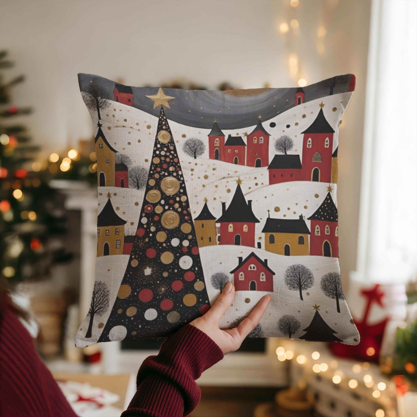 Christmas Landscape Pillow – Cozy Holiday Throw Pillow With Xmas Trees Under Moonlight - timelessbohochic.com