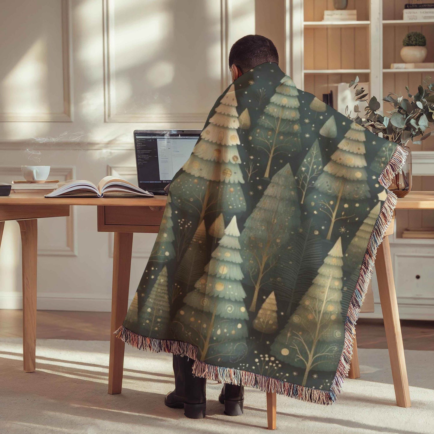Forestcore Christmas Blanket - Festive Office Decor | Woven Cotton Throw with Fringed Edges - timelessbohochic.com