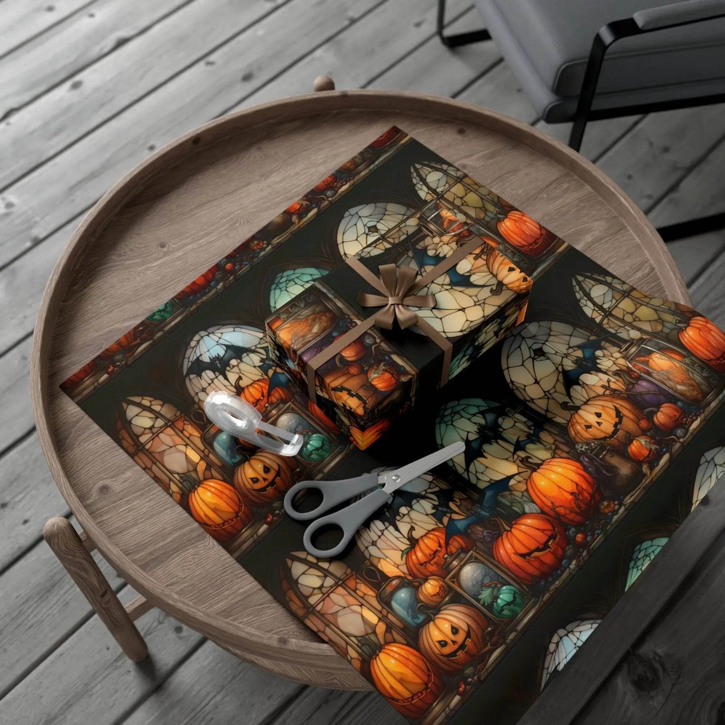 Halloween Gift Wrap Paper - Spooky Stain Glass Pumpkin & Creepy Bat Design - timelessbohochic.com