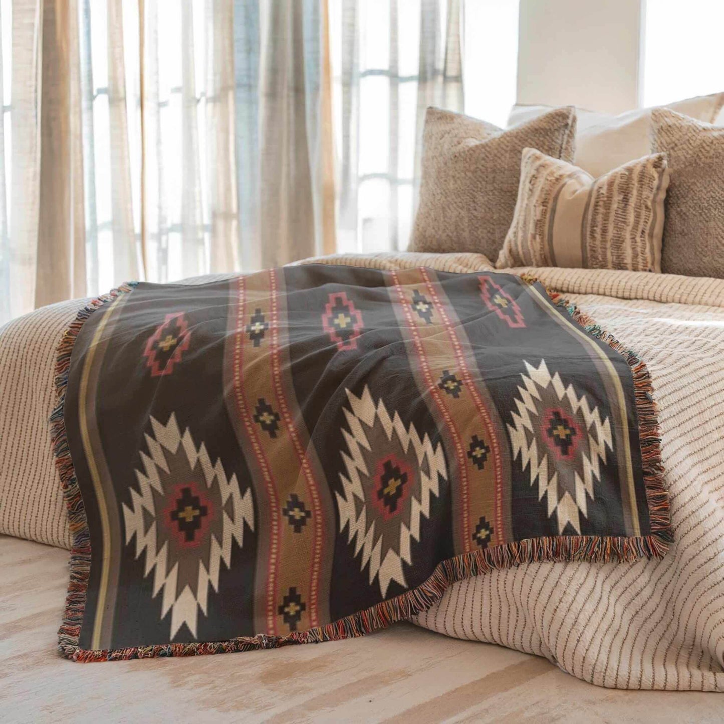 Southwestern Cotton Throw Blanket – Cozy Ikat Design with Fringed Edge - timelessbohochic.com