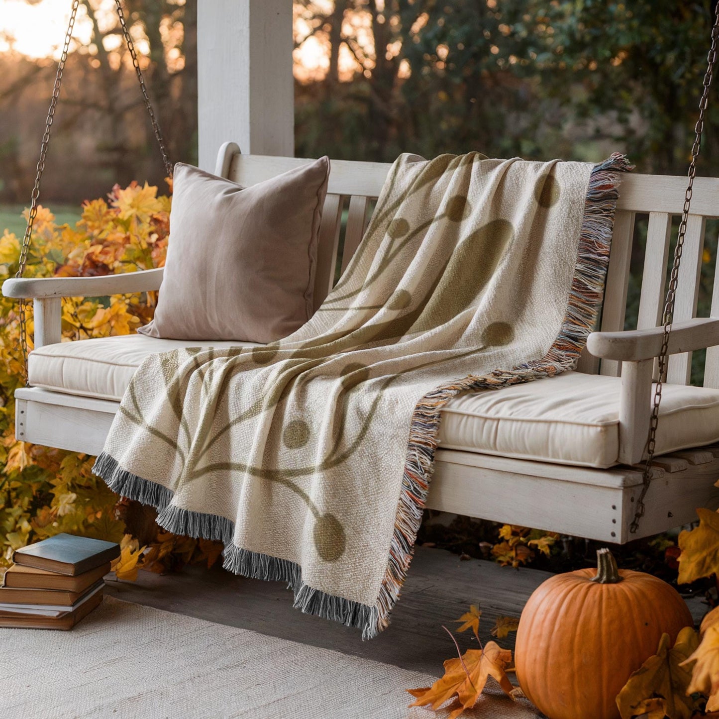 Mid Century Modern Throw Blanket - Linden Leaf Design Cotton Woven Throw for Garden Patio