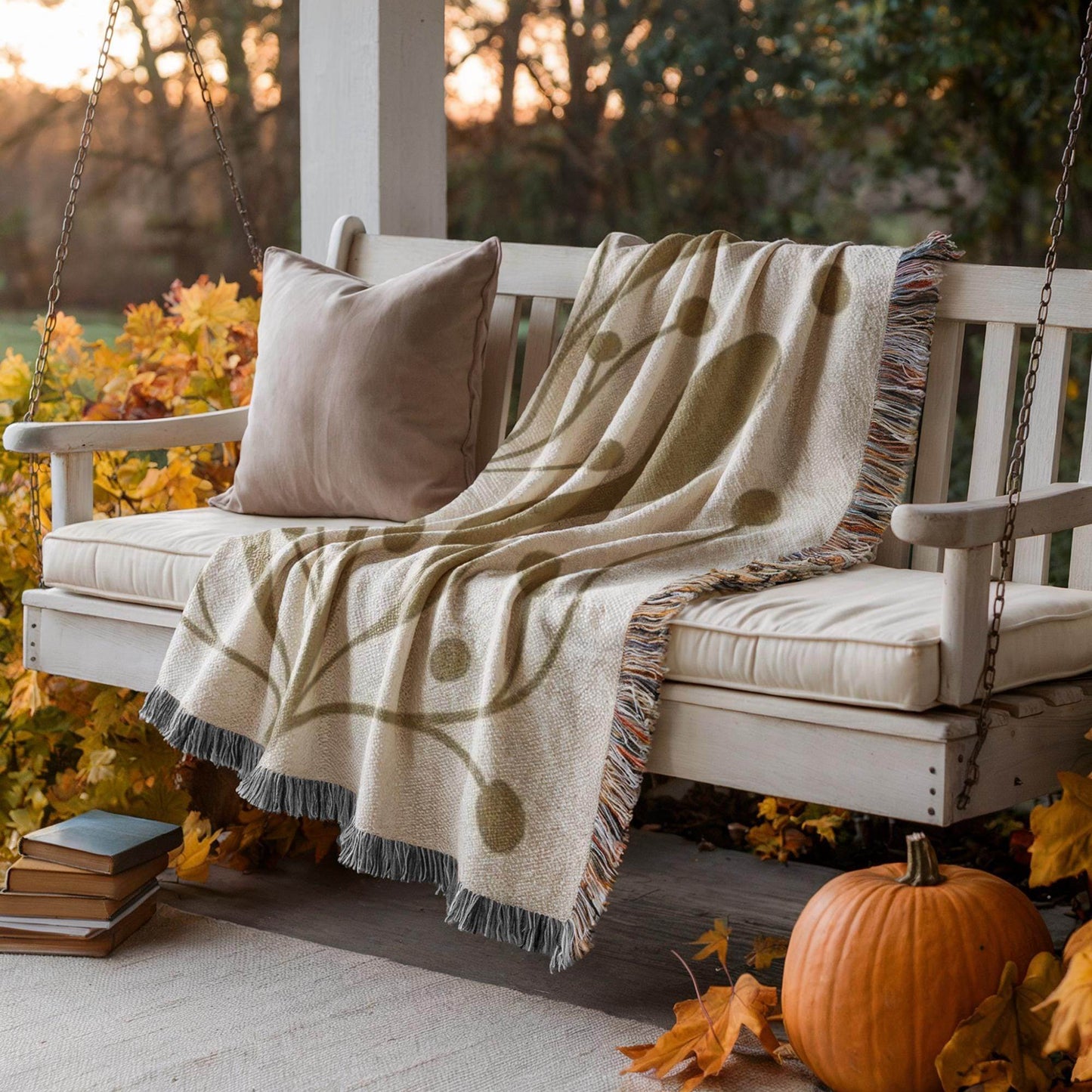 Mid Century Modern Throw Blanket - Linden Leaf Design Cotton Woven Throw for Garden Patio - timelessbohochic.com